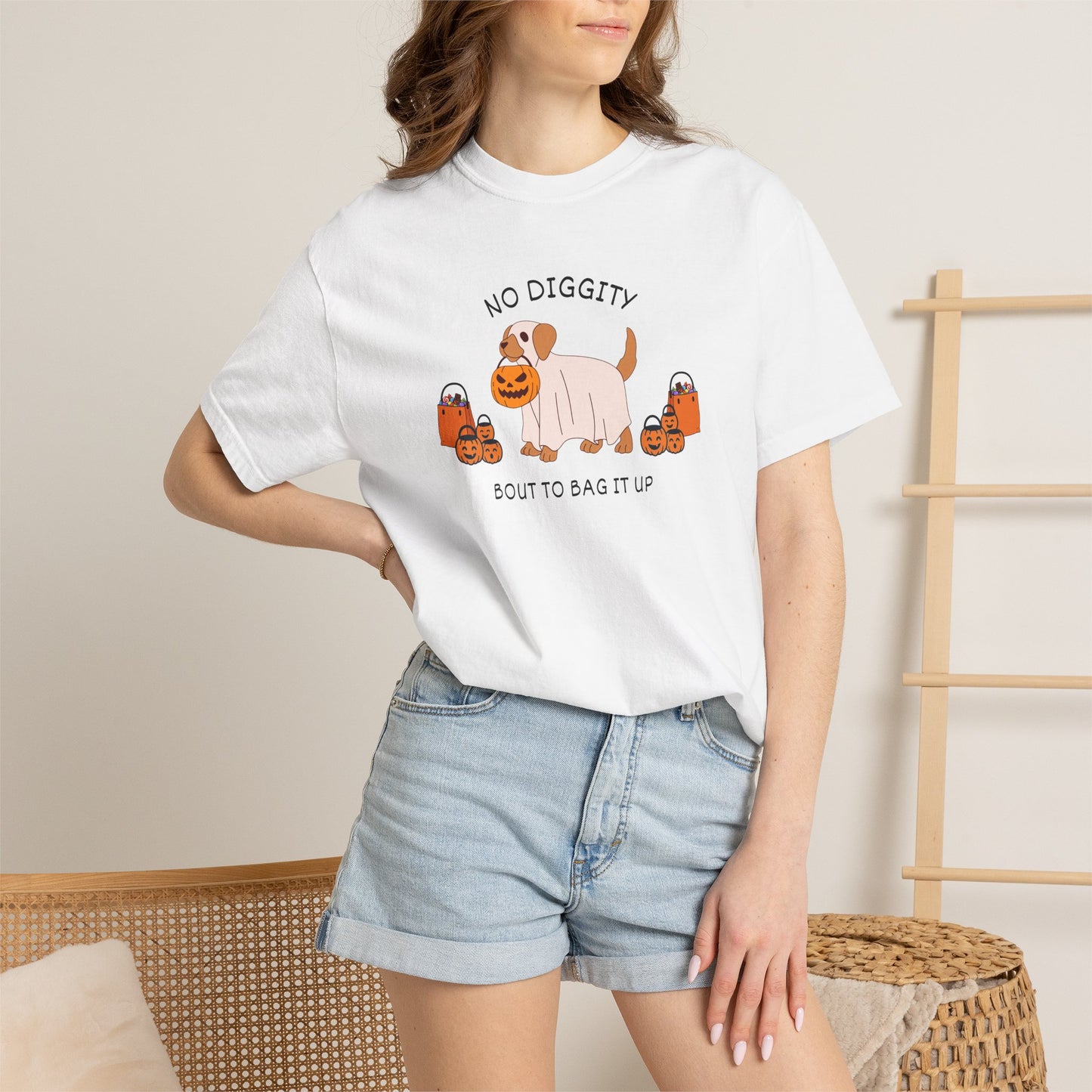 No Diggity Dog T-Shirt — Cute Puppy with Pumpkins "Bout to Bag It Up"