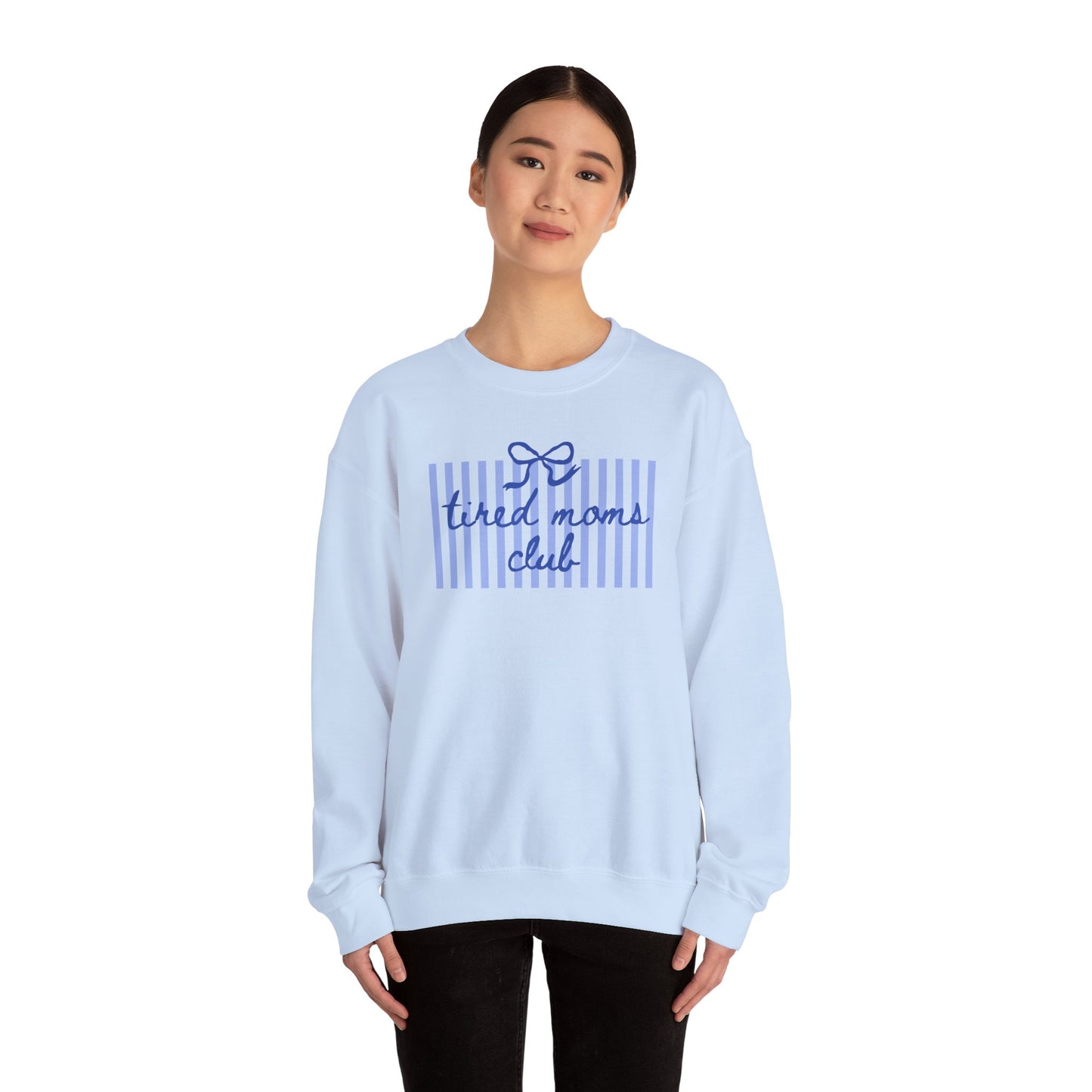 Crewneck Sweatshirt — "Tired Moms Club" Blue Striped Cozy Pullover