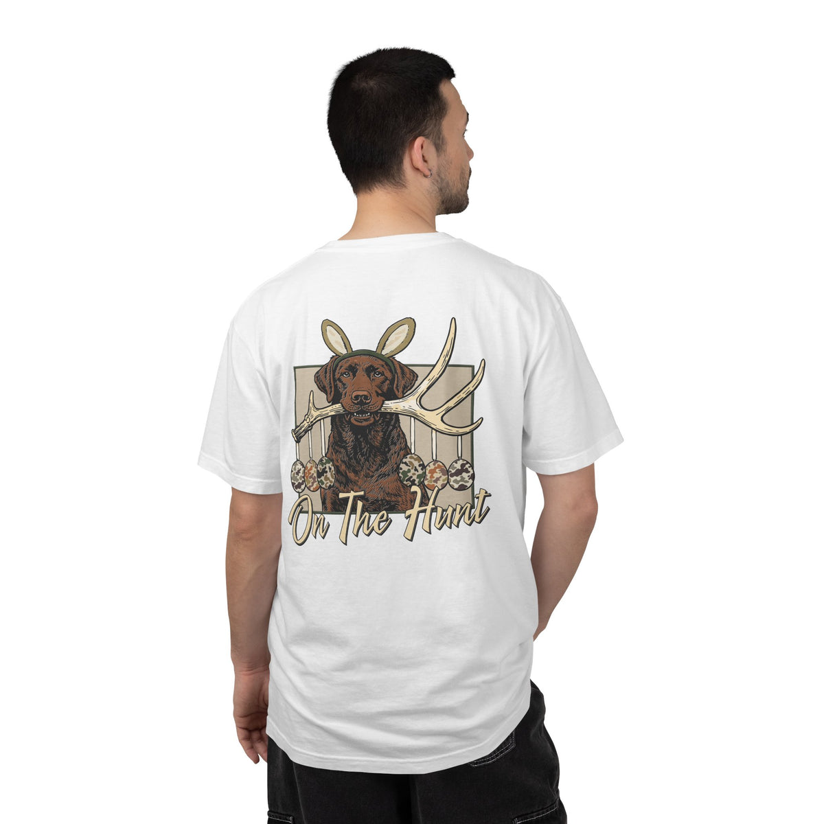 Landon's Easter Brown Lab Hunting Dog Graphic T-Shirt — "On The Hunt" Retro Antler Design