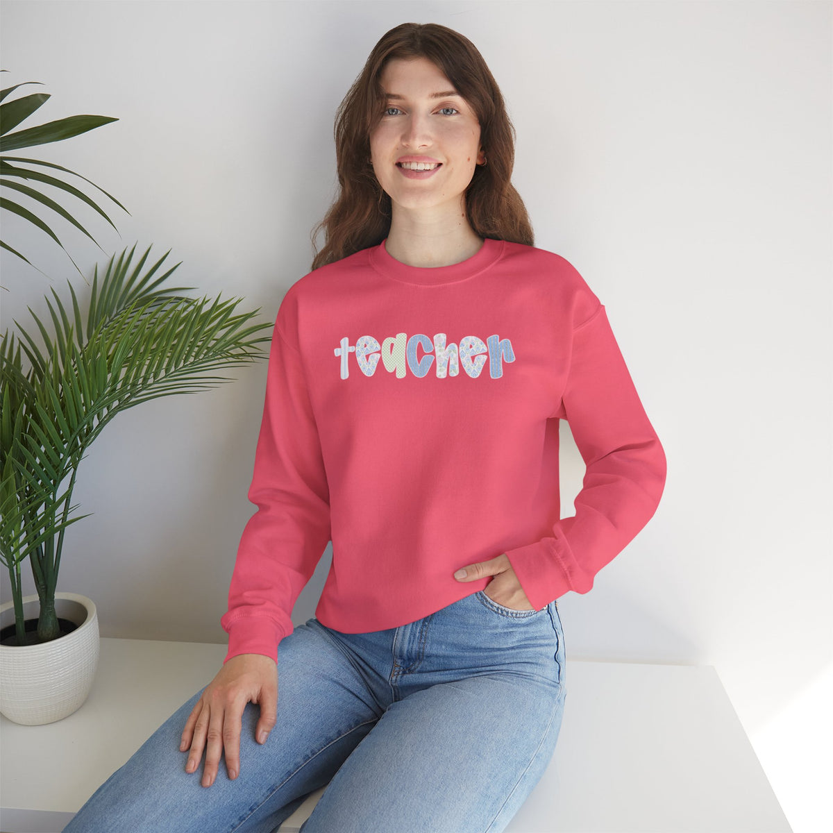 Teacher Floral Crewneck Sweatshirt — Pastel Heart & Flower Teacher Gift