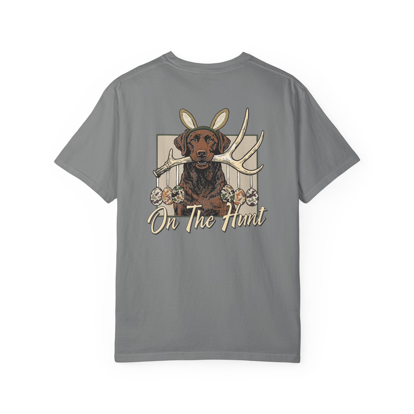 Landon's Easter Brown Lab Hunting Dog Graphic T-Shirt — "On The Hunt" Retro Antler Design
