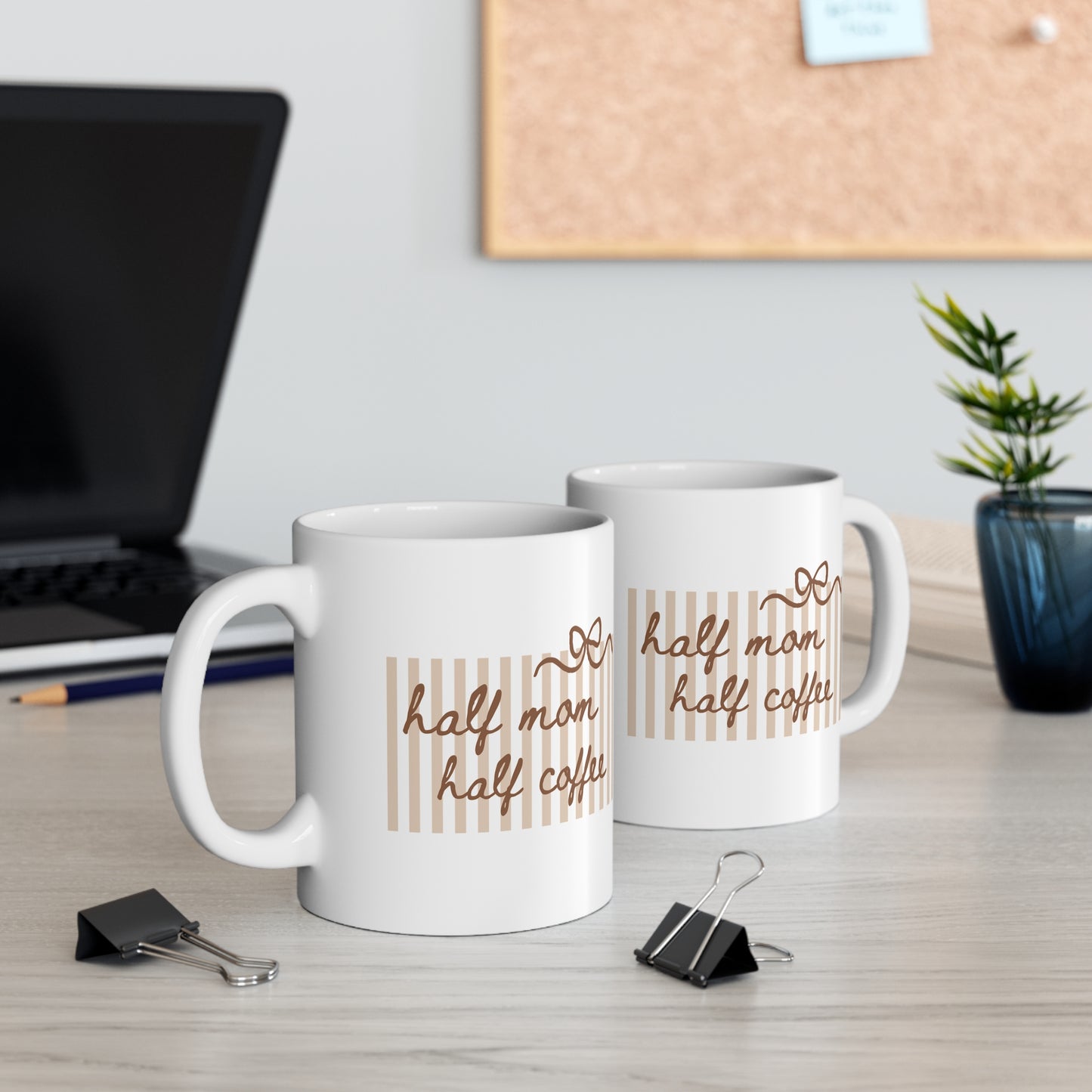 Half Mom Half Coffee Mug — Funny Mom Coffee Cup, Cute Neutral Striped Mother’s Day Gift