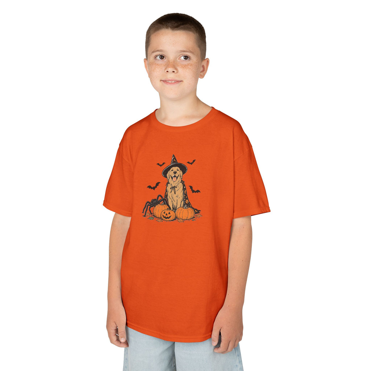 Kids Halloween Witch Tee – Cute Witch Dog with Pumpkins Kids T-Shirt