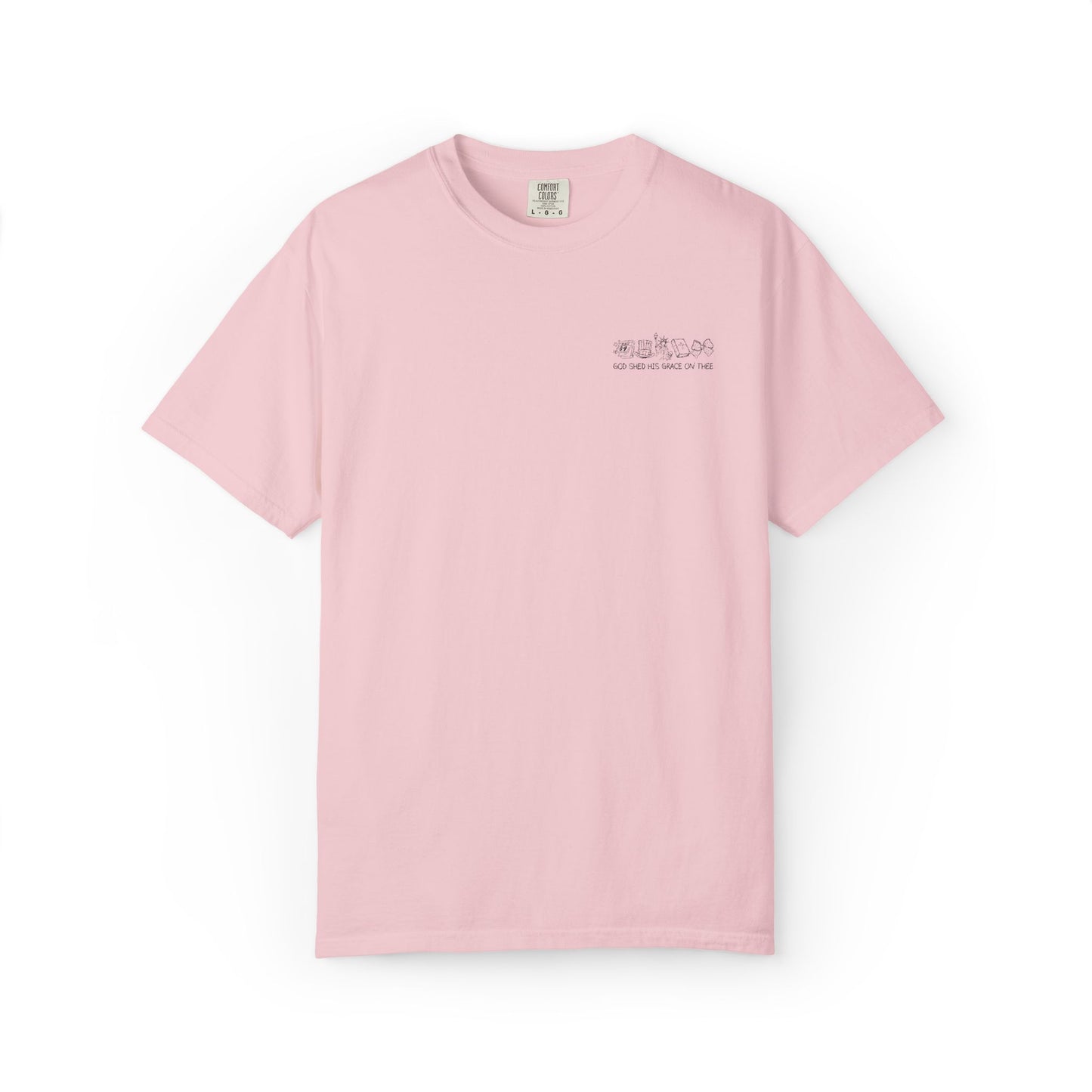 "God Shed His Grace on Thee" Chest Embroidered Script Minimalist T‑Shirt — Subtle Pocket Text Design