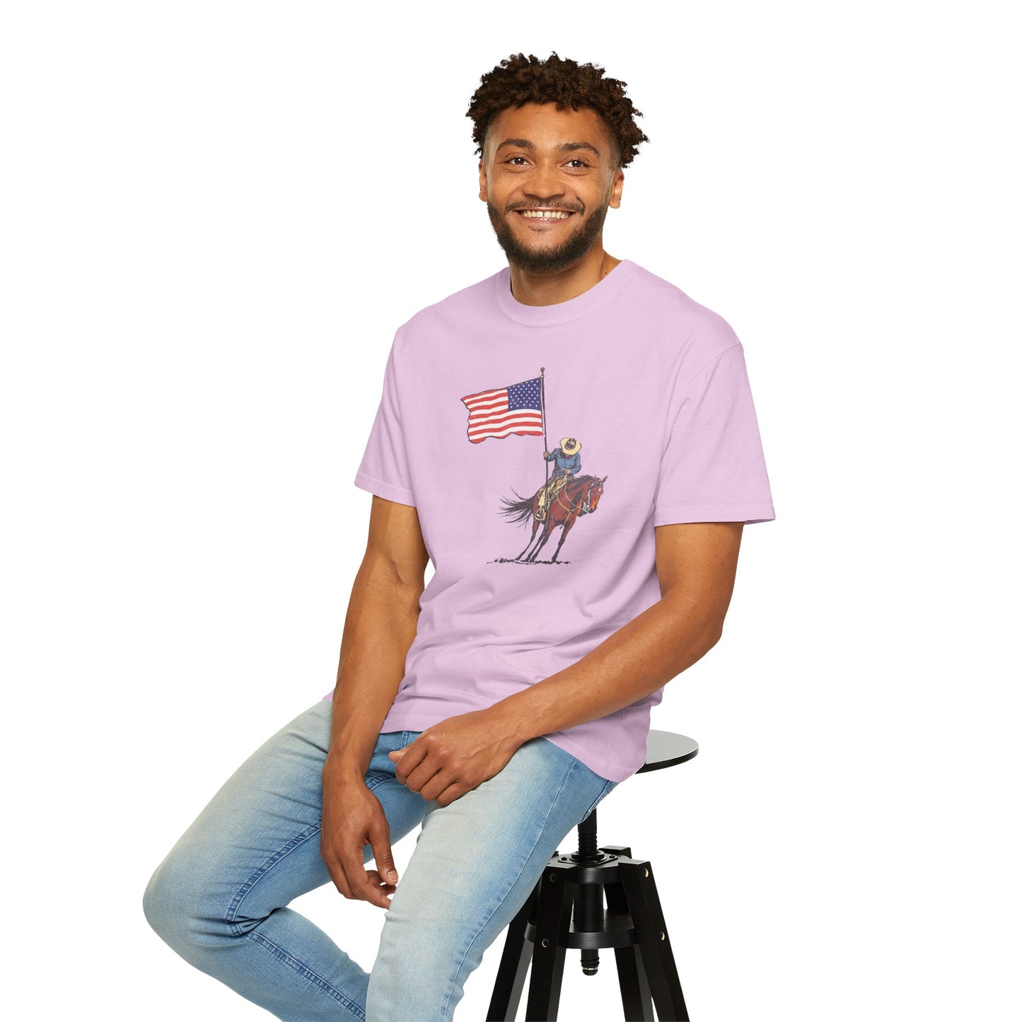 Patriotic Cowboy on Horse T-Shirt – American Flag Western Tee