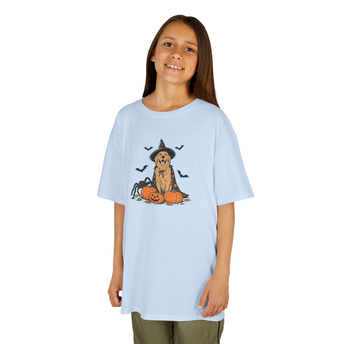 Kids Halloween Witch Tee – Cute Witch Dog with Pumpkins Kids T-Shirt