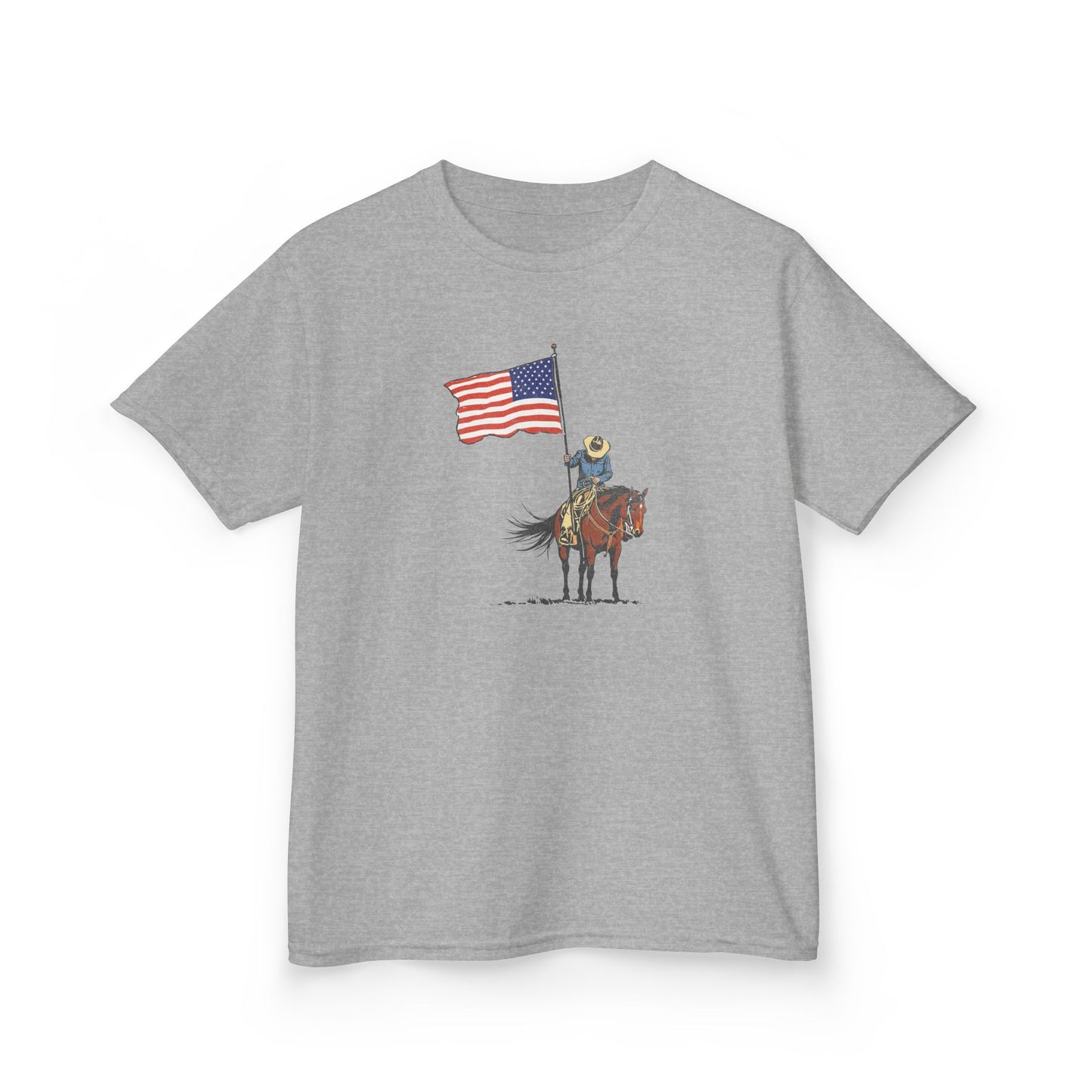 Kids Tee — Cowboy on Horse Holding American Flag (Patriotic Western Shirt)
