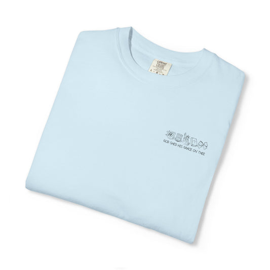 "God Shed His Grace on Thee" Chest Embroidered Script Minimalist T‑Shirt — Subtle Pocket Text Design