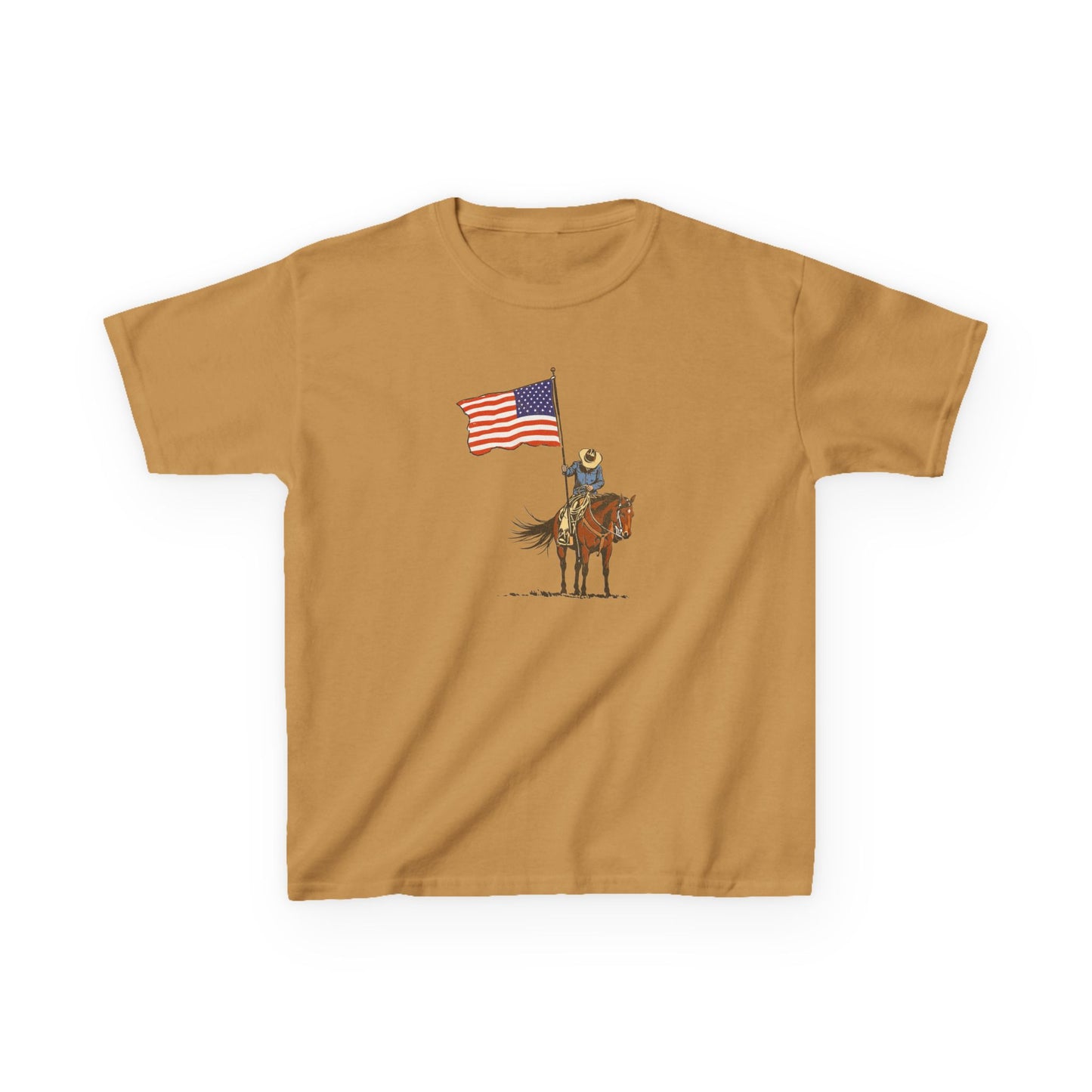 Kids Tee — Cowboy on Horse Holding American Flag (Patriotic Western Shirt)