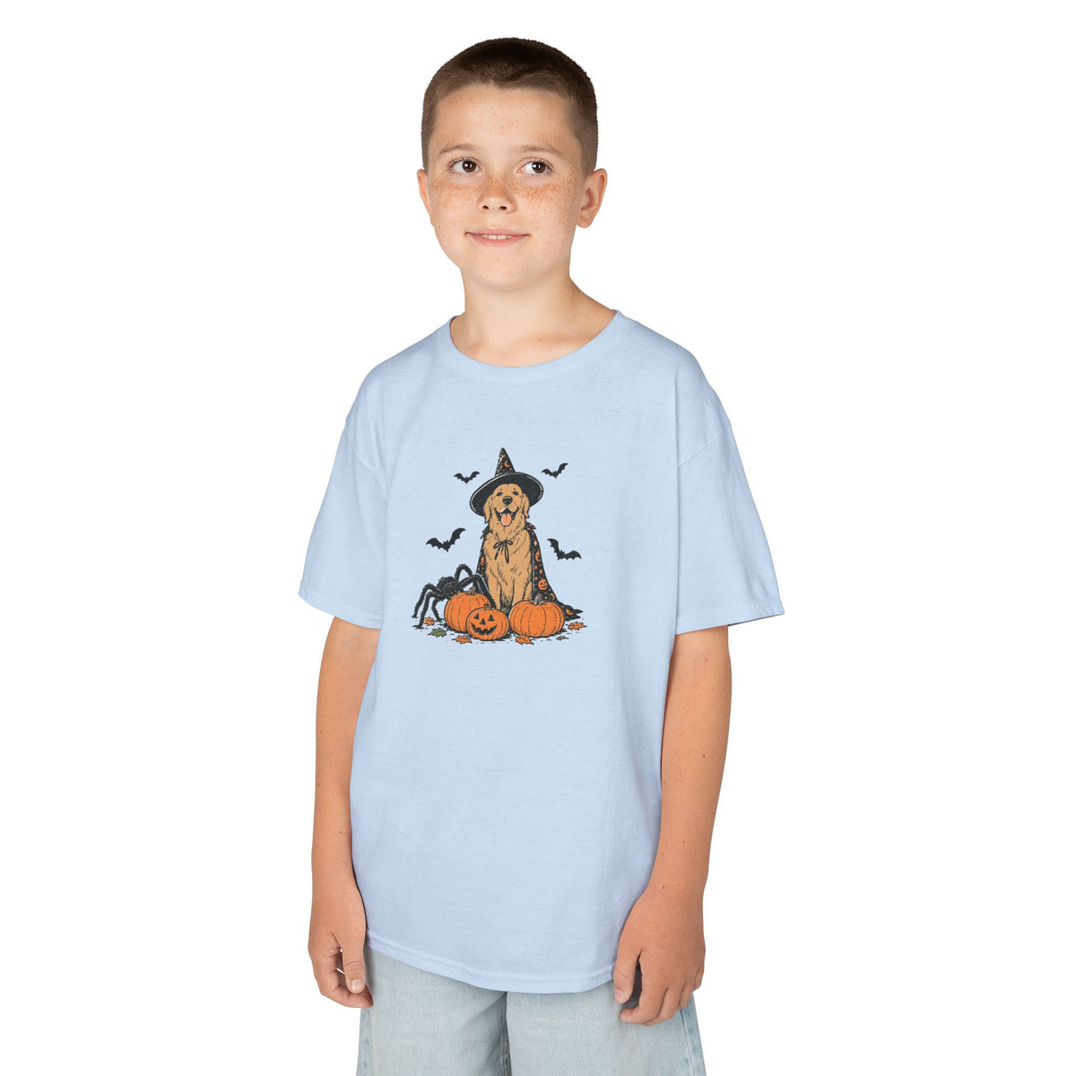 Kids Halloween Witch Tee – Cute Witch Dog with Pumpkins Kids T-Shirt