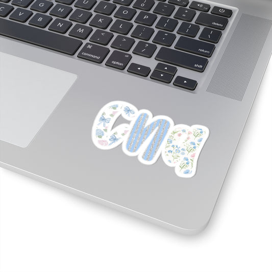 Floral Monogram 'CNA' Kiss-Cut Sticker — Blue Vintage Flowers Laptop Decal