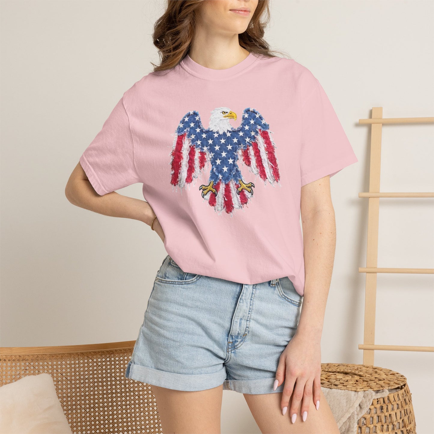 Patriotic Eagle Print T-Shirt — Distressed American Flag Graphic