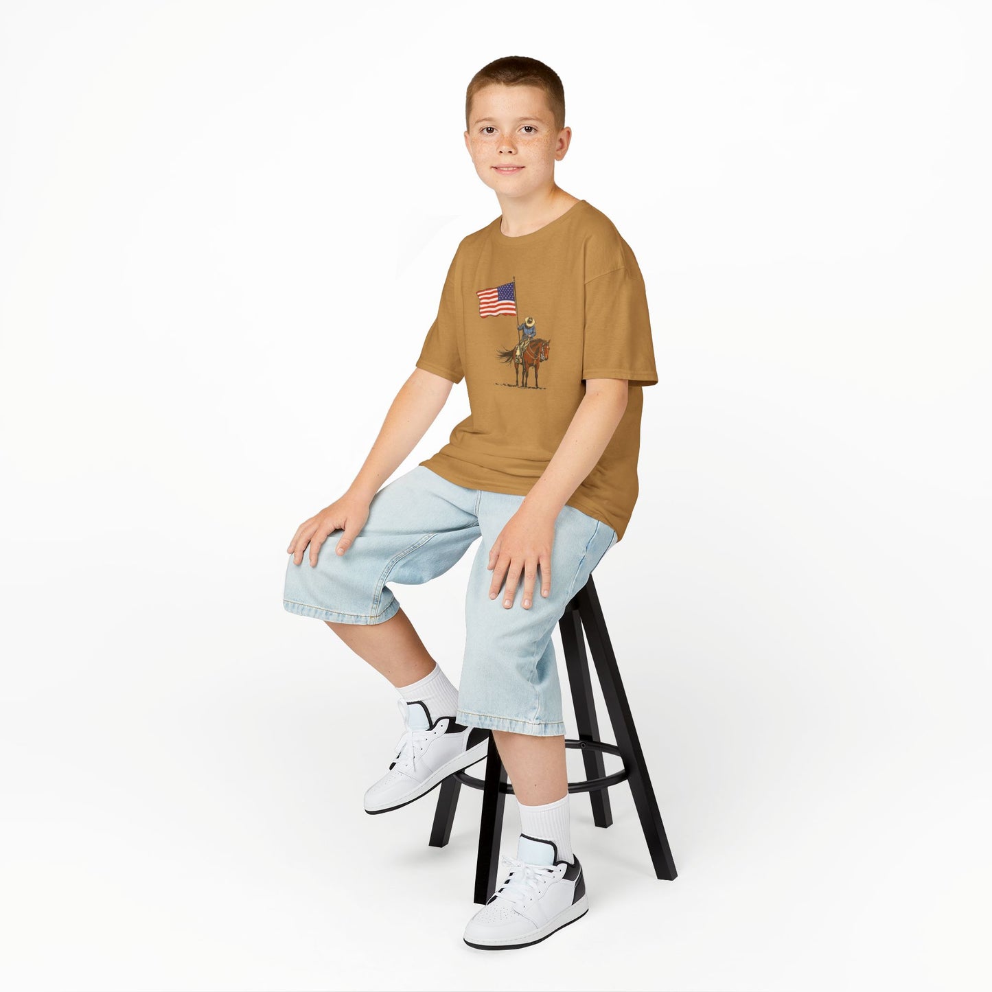 Kids Tee — Cowboy on Horse Holding American Flag (Patriotic Western Shirt)