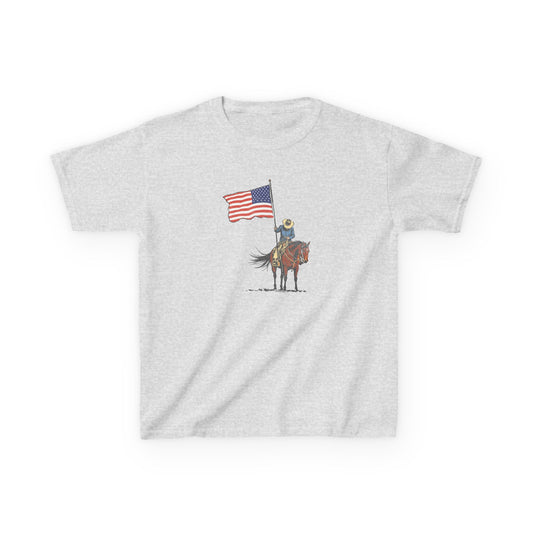 Kids Tee — Cowboy on Horse Holding American Flag (Patriotic Western Shirt)