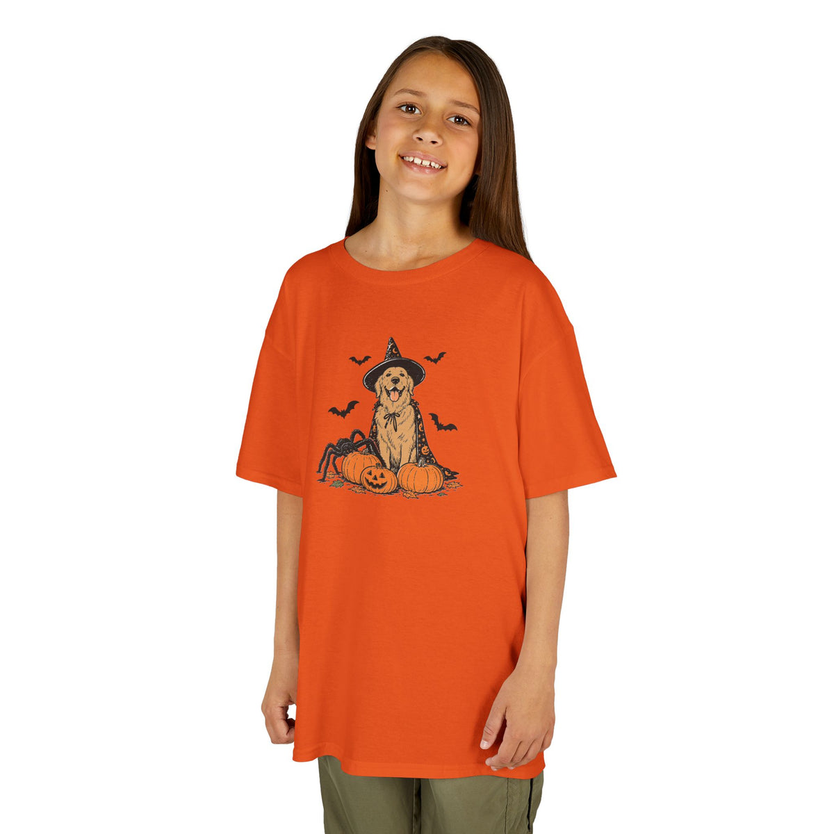 Kids Halloween Witch Tee – Cute Witch Dog with Pumpkins Kids T-Shirt