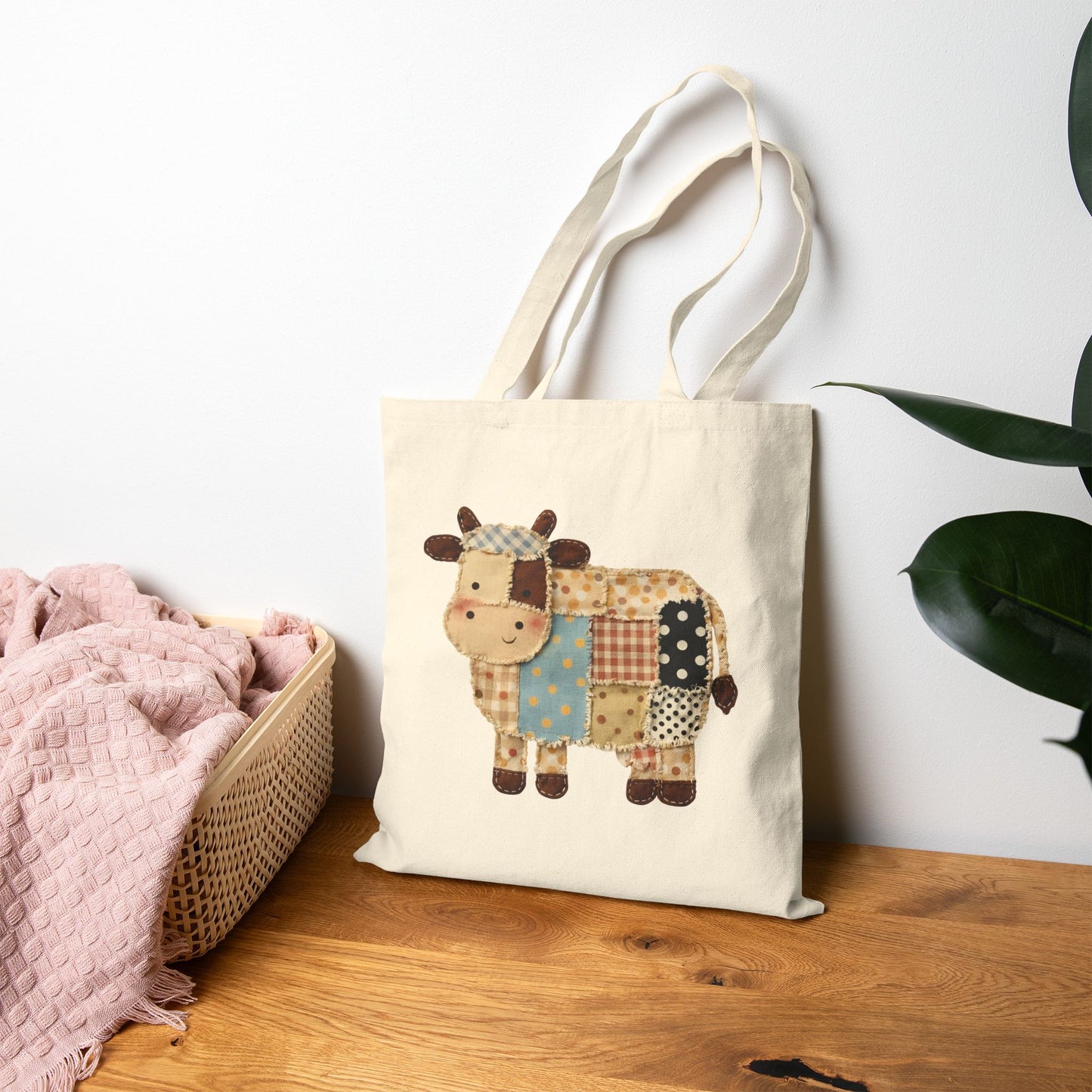 Patchwork Cow Print Cotton Tote Bag — Cute Farm Animal Grocery & Market Bag