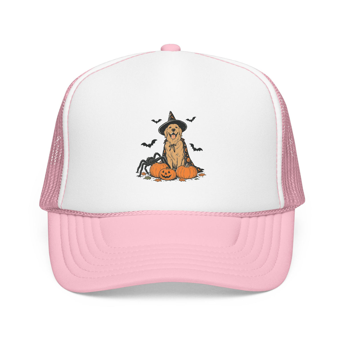 Dog Halloween Trucker Hat — Golden Retriever with Pumpkins & Bats