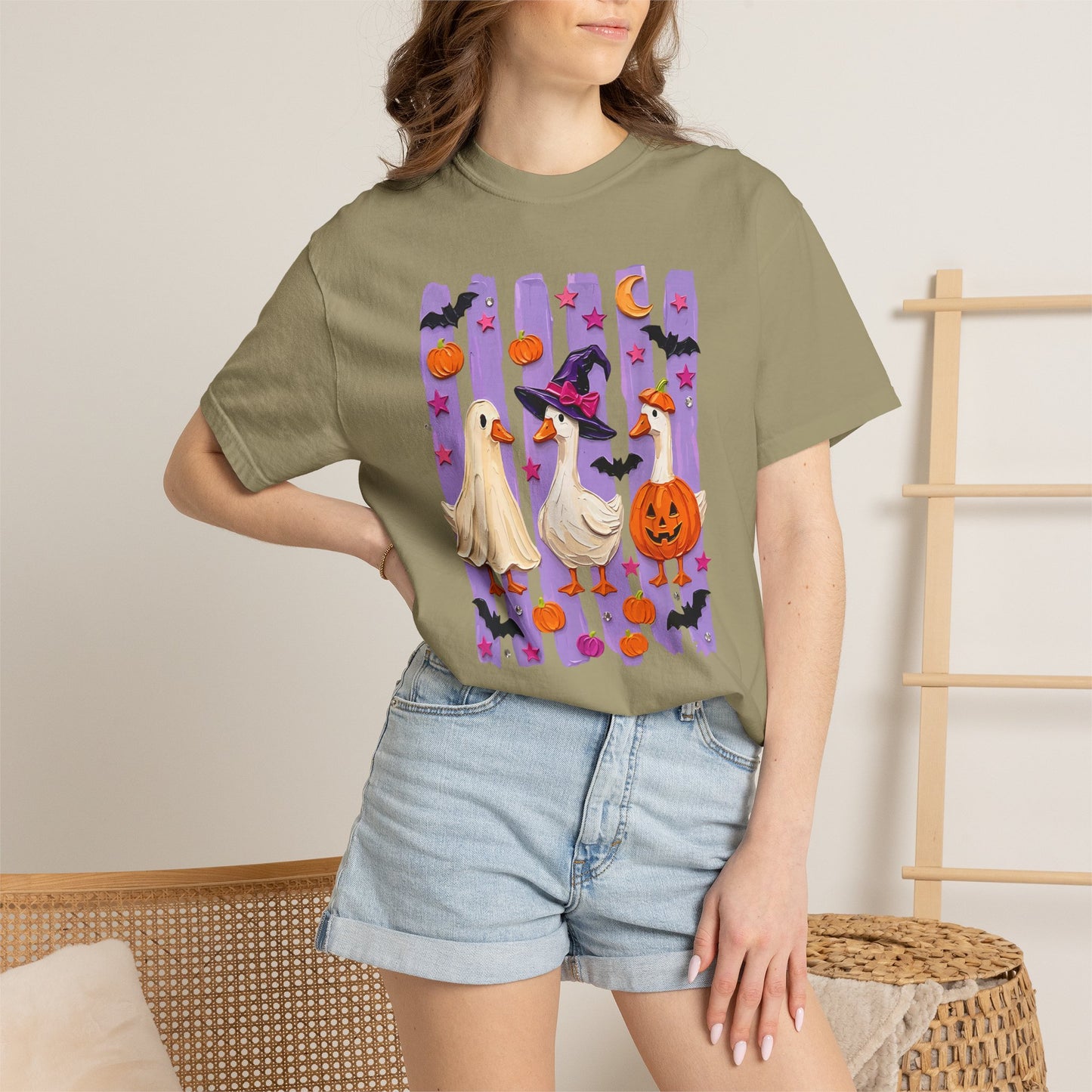 Halloween Goose T-Shirt — Cute Ghosts, Witch Hat & Pumpkin Design
