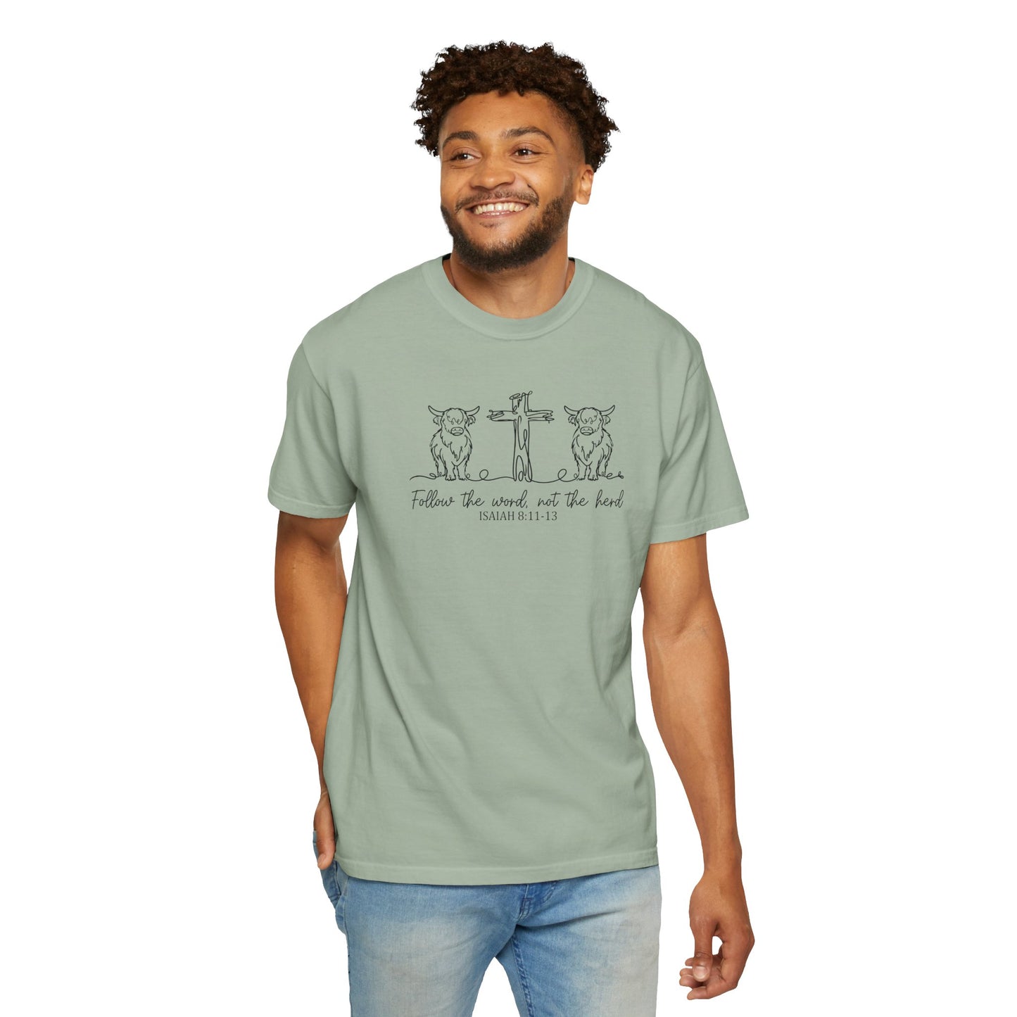 Christian Cross & Cow T-Shirt — "Follow the Word, Not the Herd" Graphic Tee
