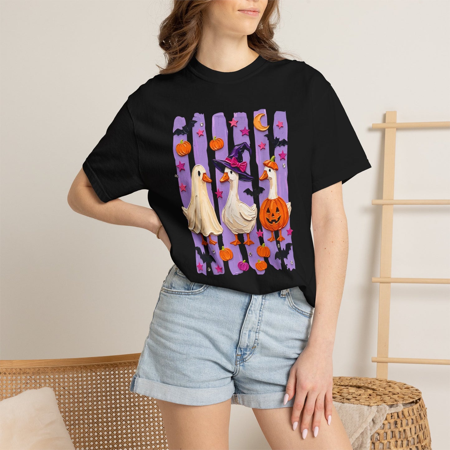 Halloween Goose T-Shirt — Cute Ghosts, Witch Hat & Pumpkin Design