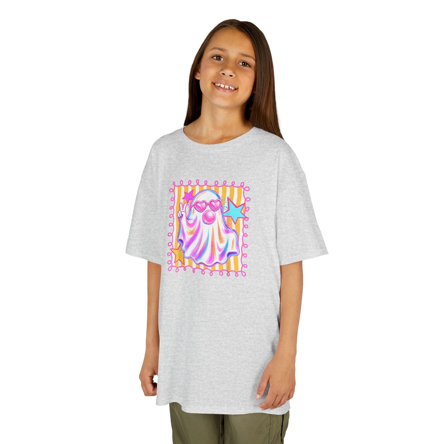 Kids Ghost Stamp Tee — Cute Pastel Halloween Graphic Shirt