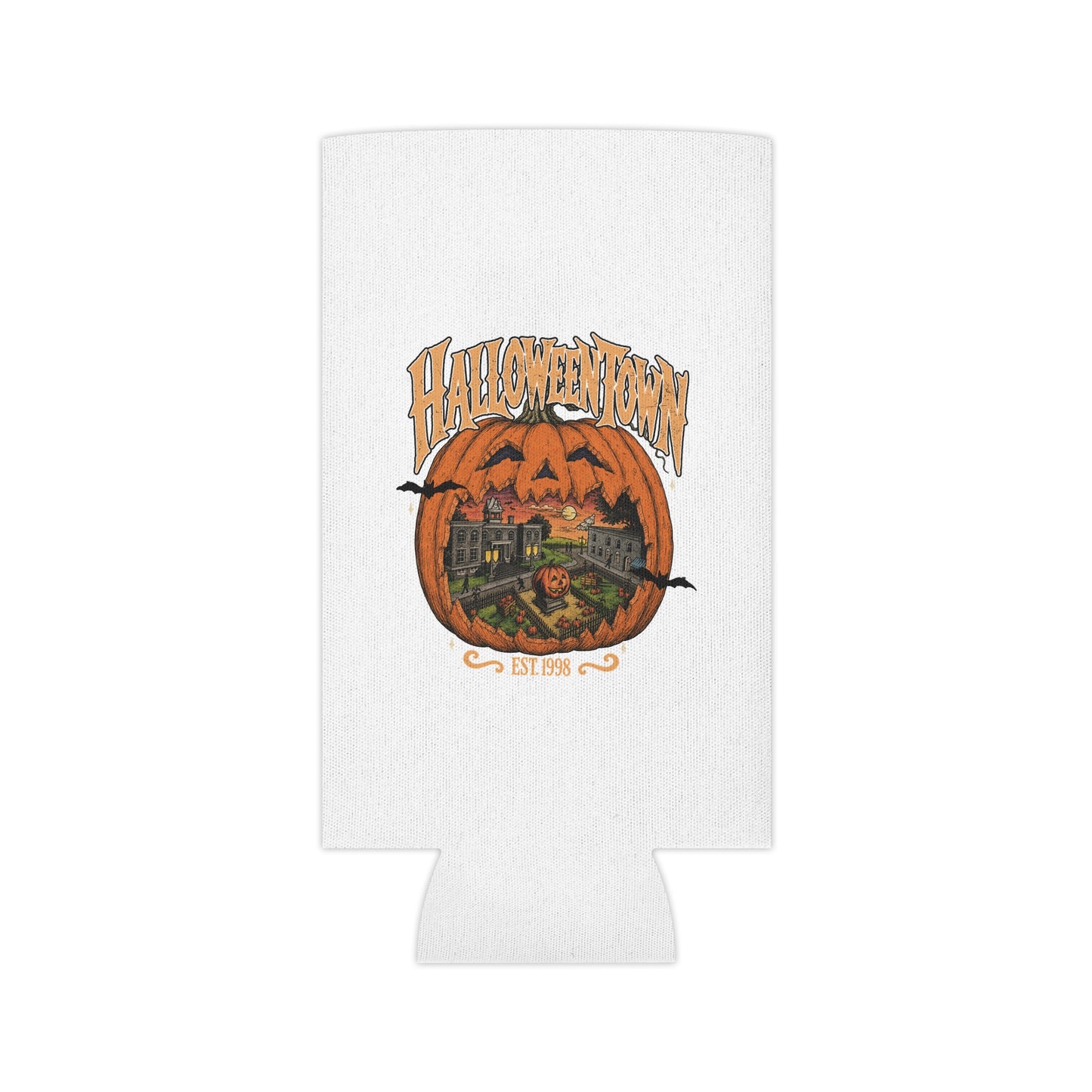 Halloween Town Can Cooler – Retro Pumpkin Village Beverage Koozie (Est. 1998)
