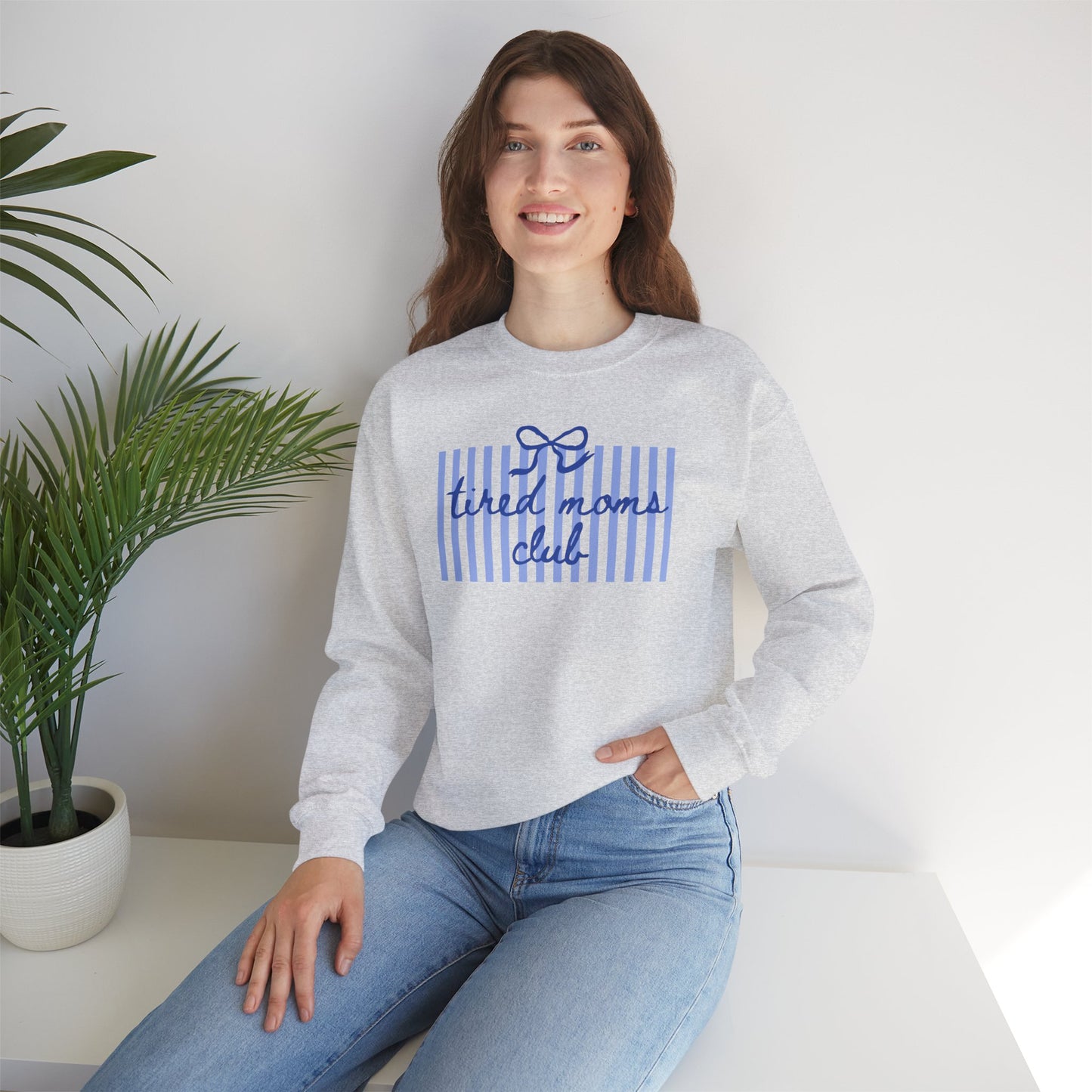 Crewneck Sweatshirt — "Tired Moms Club" Blue Striped Cozy Pullover