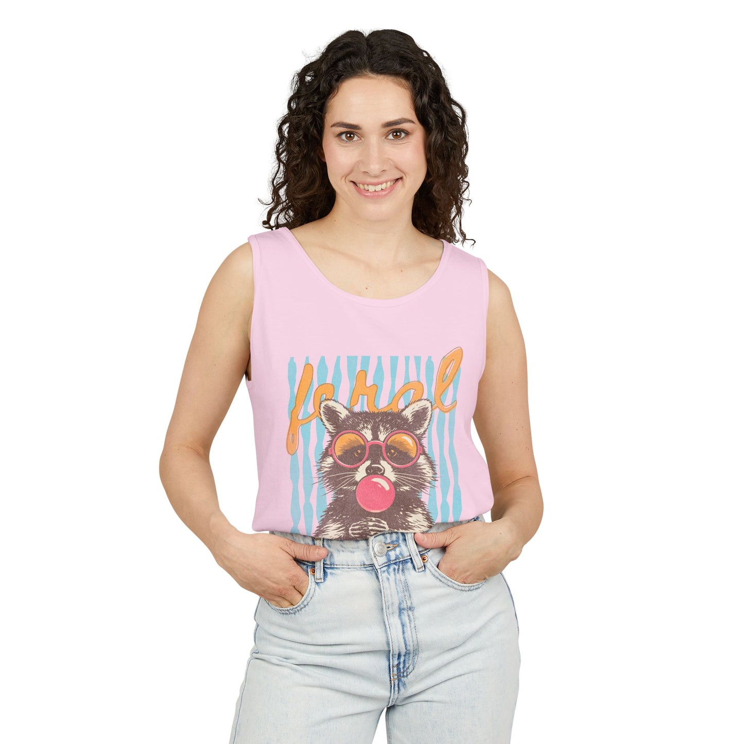 Raccoon Bubblegum Tank Top — Retro 'Hello' Graphic Summer Tee