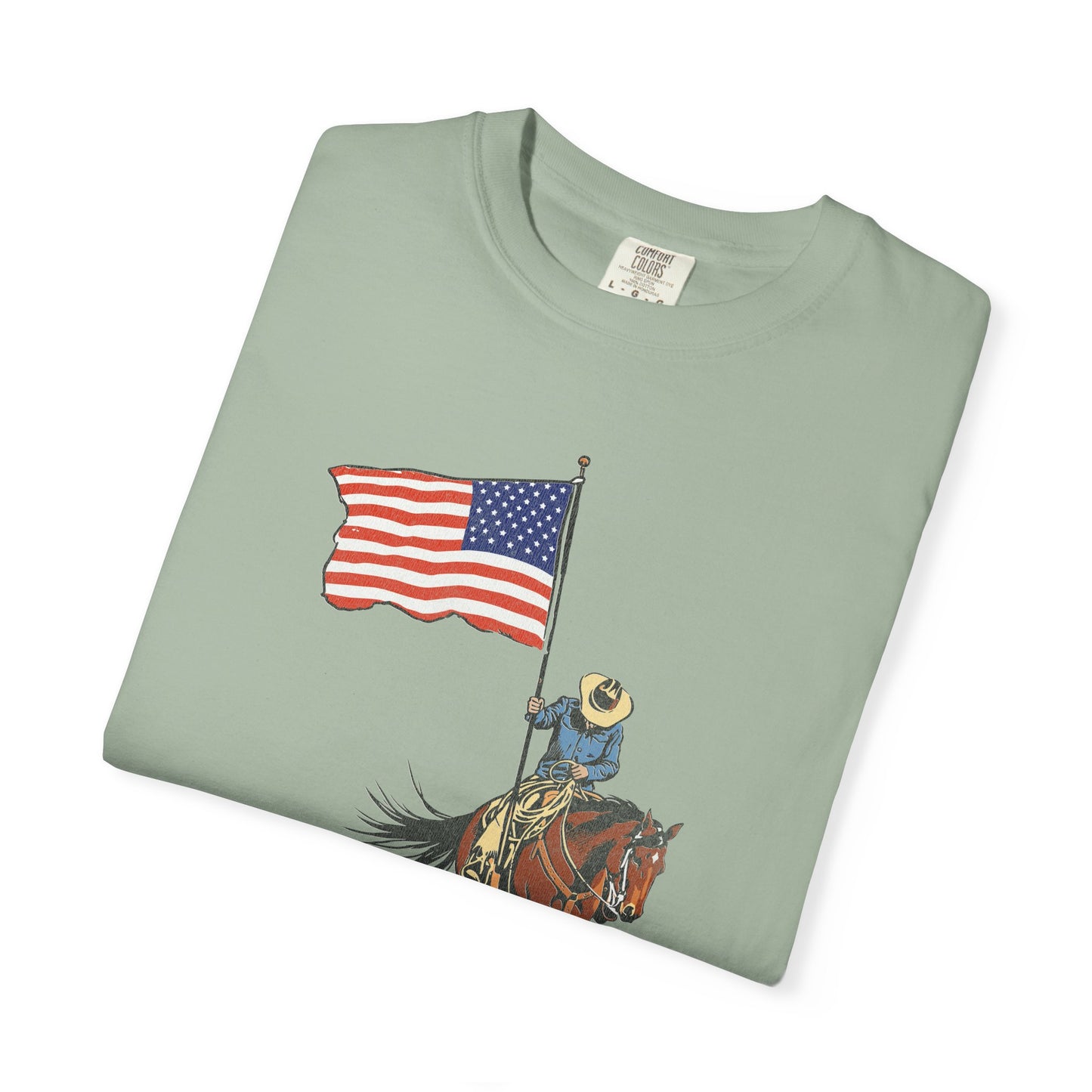 Patriotic Cowboy on Horse T-Shirt – American Flag Western Tee