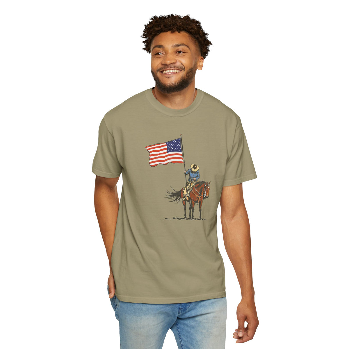 Patriotic Cowboy on Horse T-Shirt – American Flag Western Tee