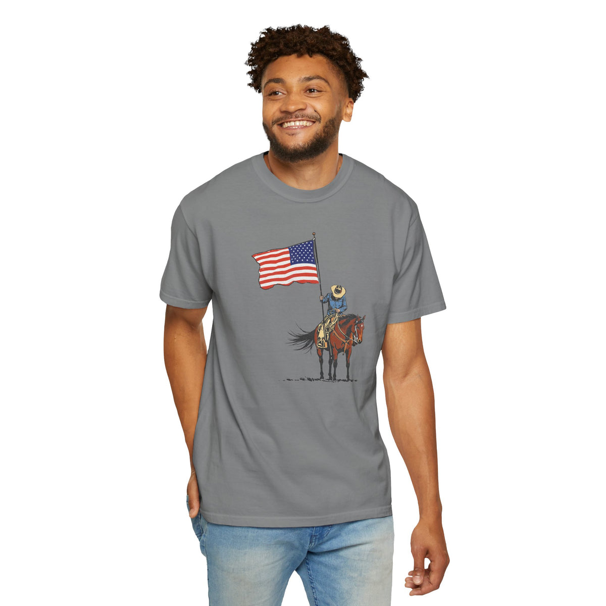 Patriotic Cowboy on Horse T-Shirt – American Flag Western Tee