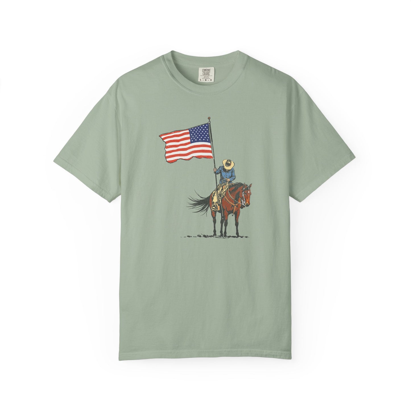 Patriotic Cowboy on Horse T-Shirt – American Flag Western Tee
