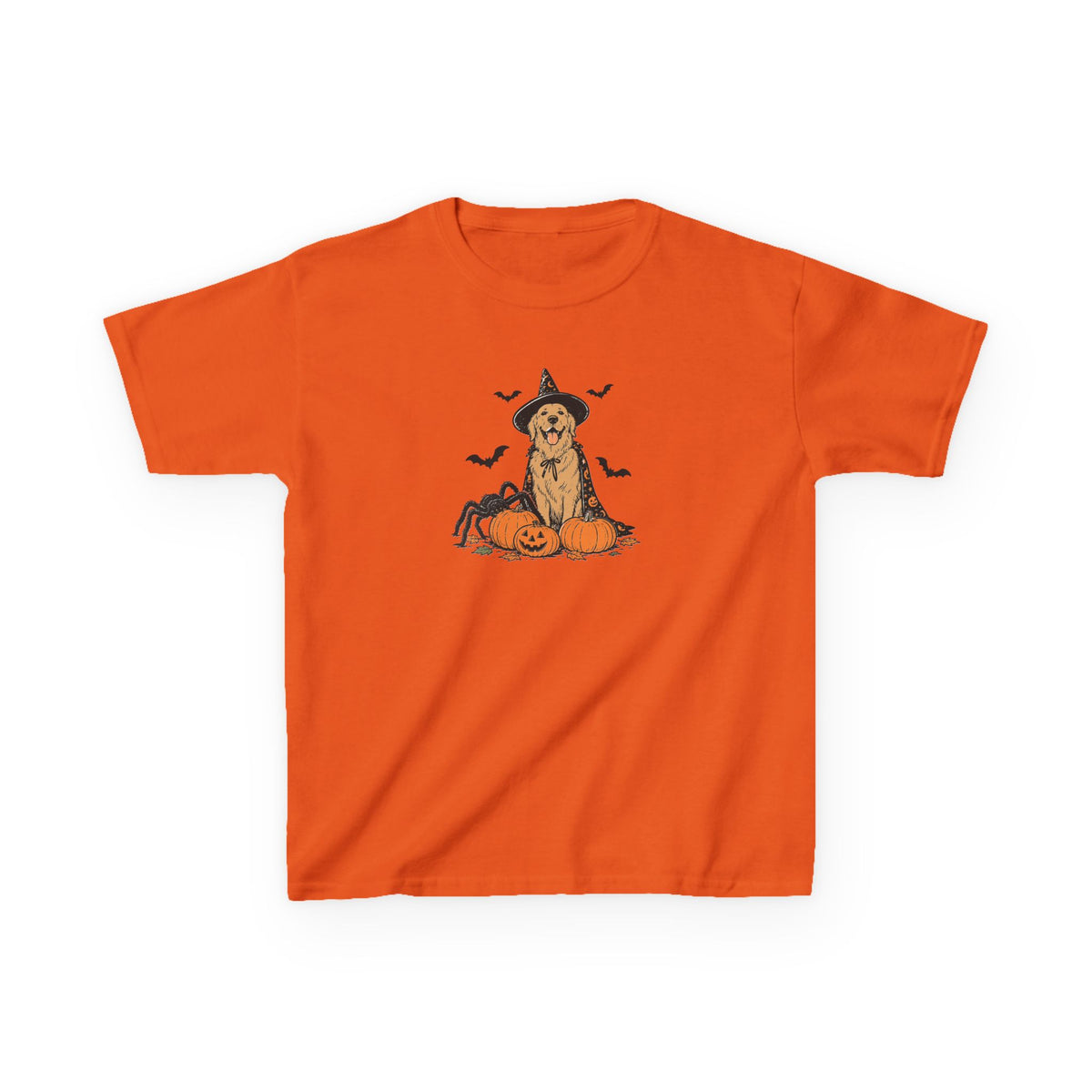 Kids Halloween Witch Tee – Cute Witch Dog with Pumpkins Kids T-Shirt