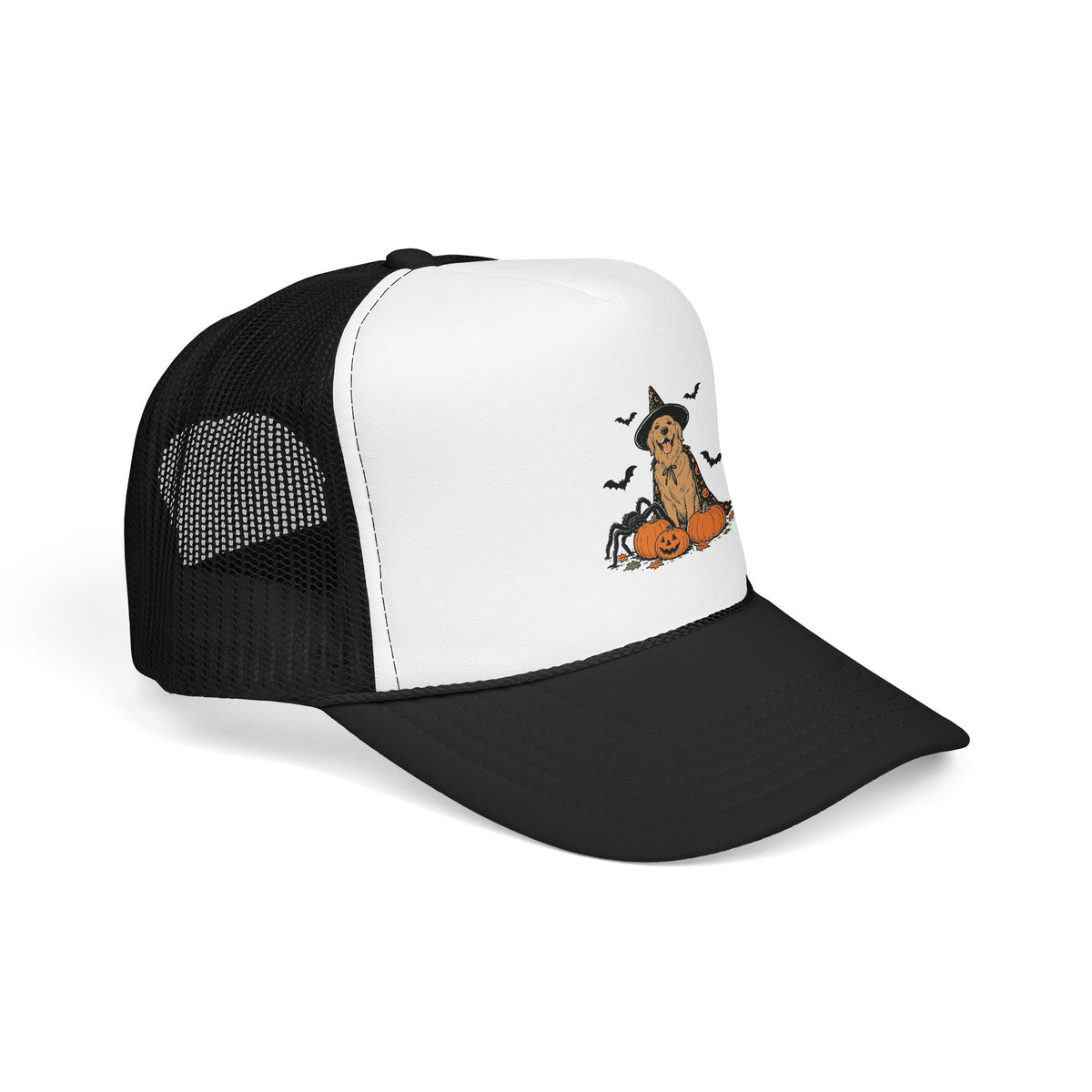 Dog Halloween Trucker Hat — Golden Retriever with Pumpkins & Bats