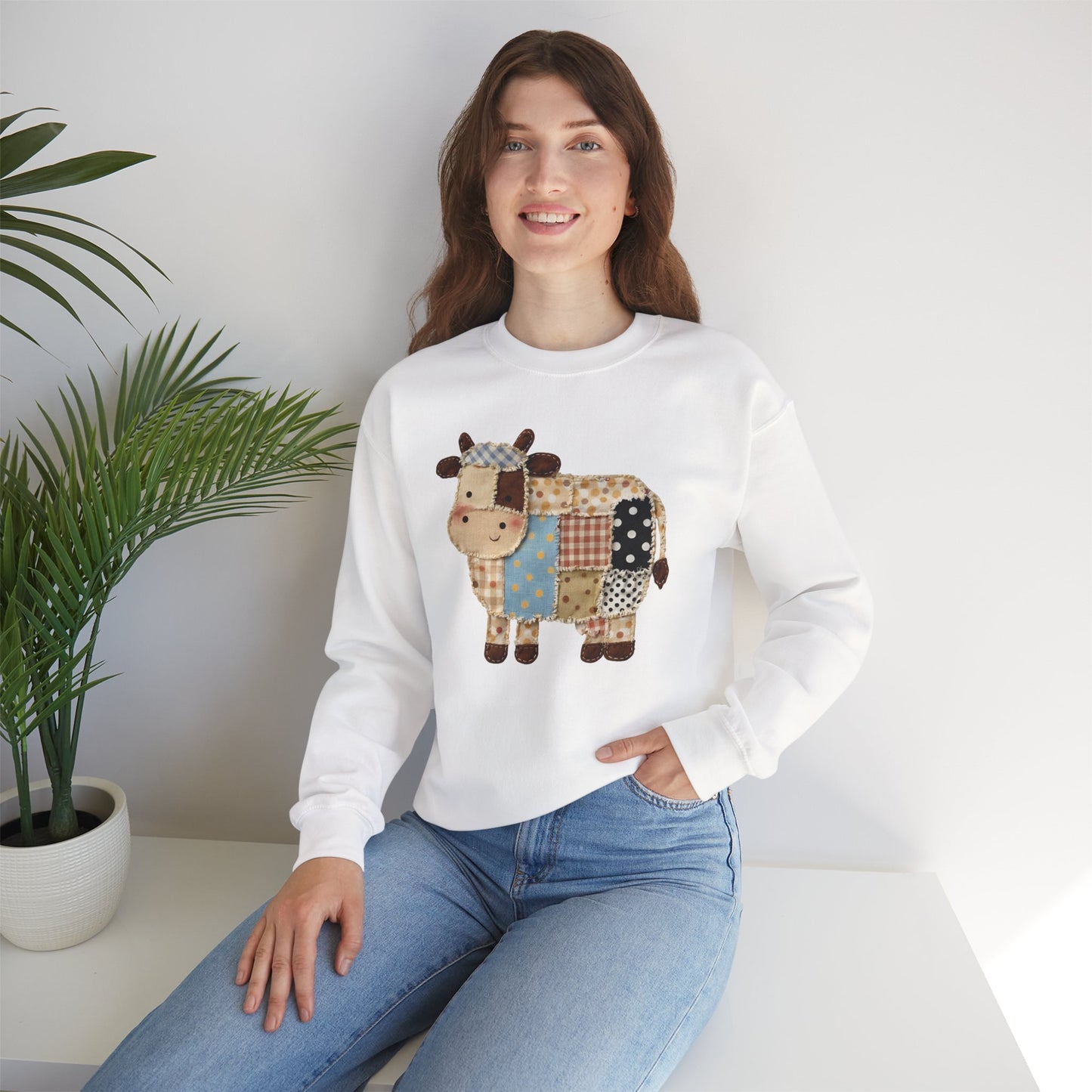 Patchwork Cow Print Sweatshirt — Cute Farm Animal Crewneck