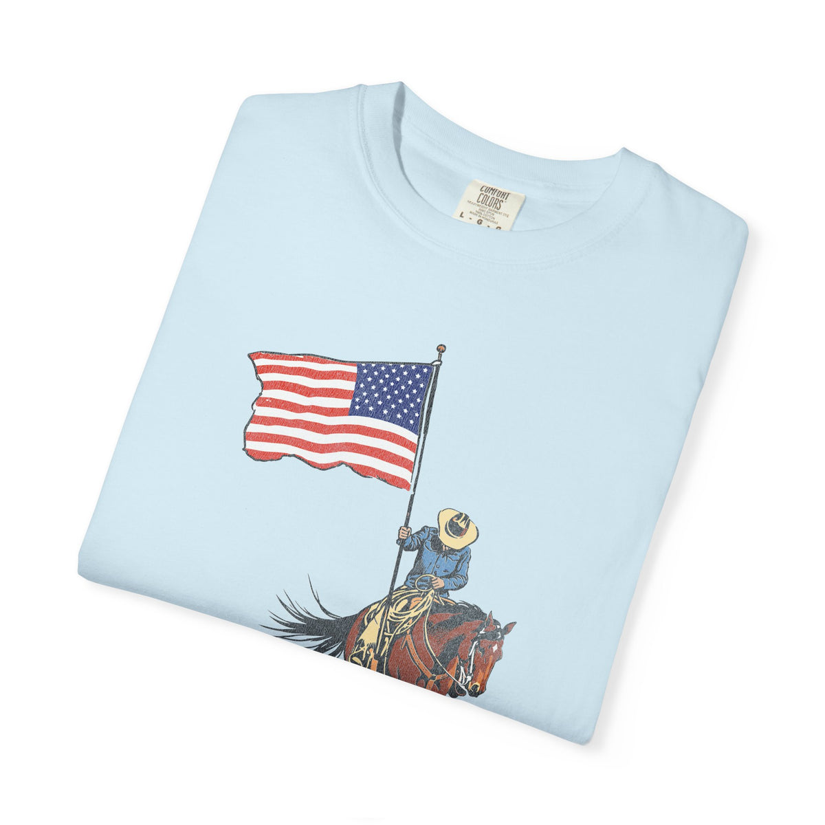 Patriotic Cowboy on Horse T-Shirt – American Flag Western Tee