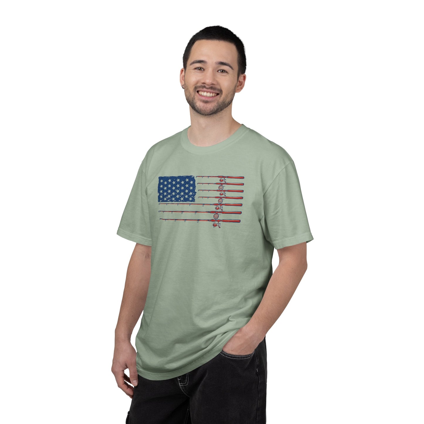 American Fishing Flag T-Shirt — Patriotic Bass Rods Graphic Tee