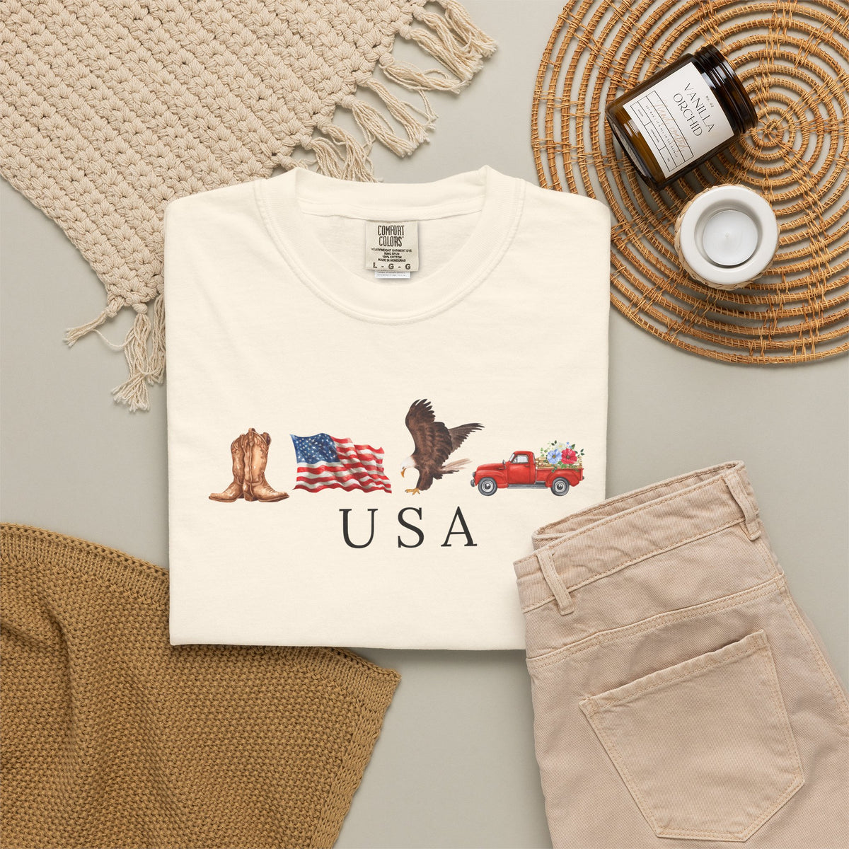 USA Americana Graphic T-Shirt — Boots, Flag, Eagle & Truck Design