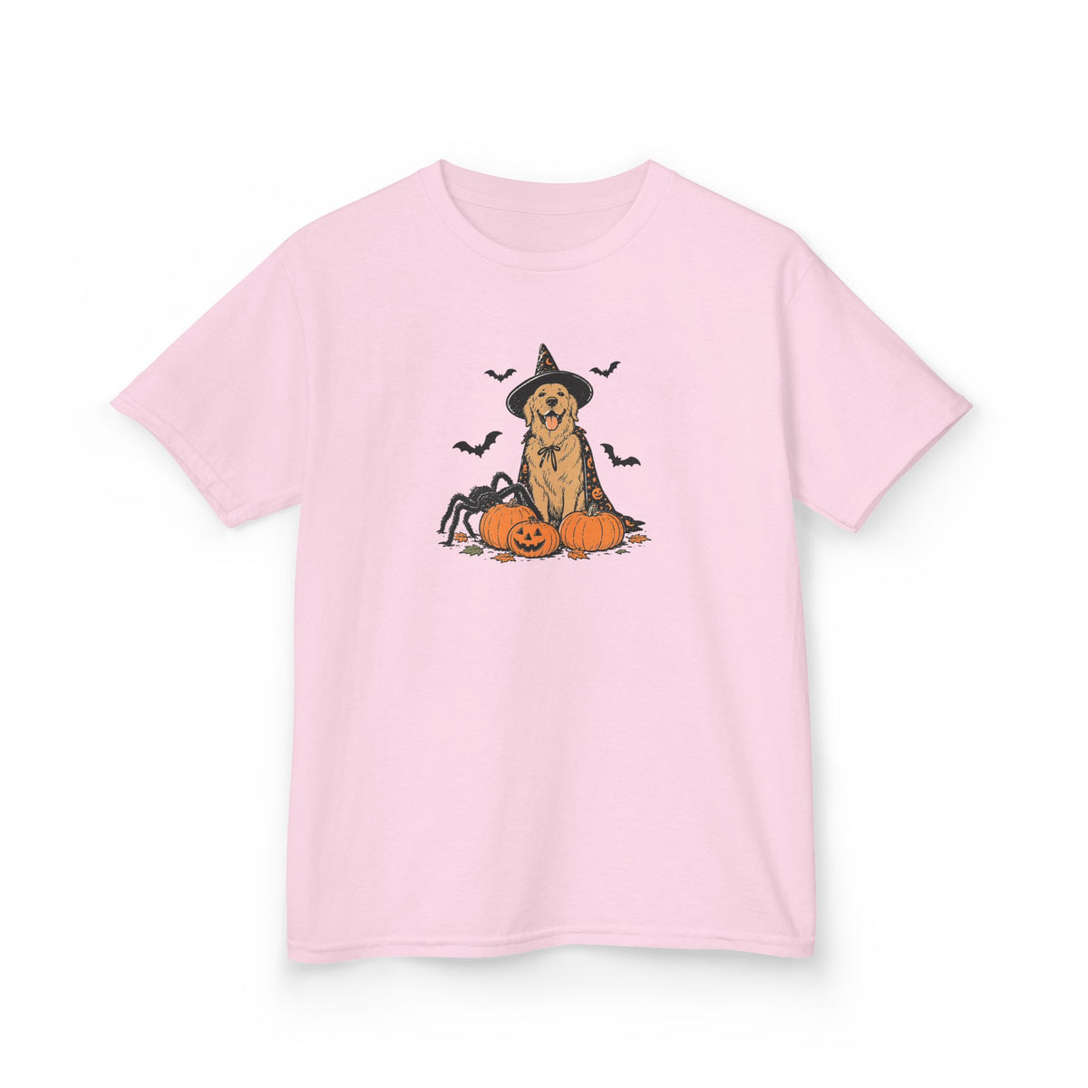 Kids Halloween Witch Tee – Cute Witch Dog with Pumpkins Kids T-Shirt