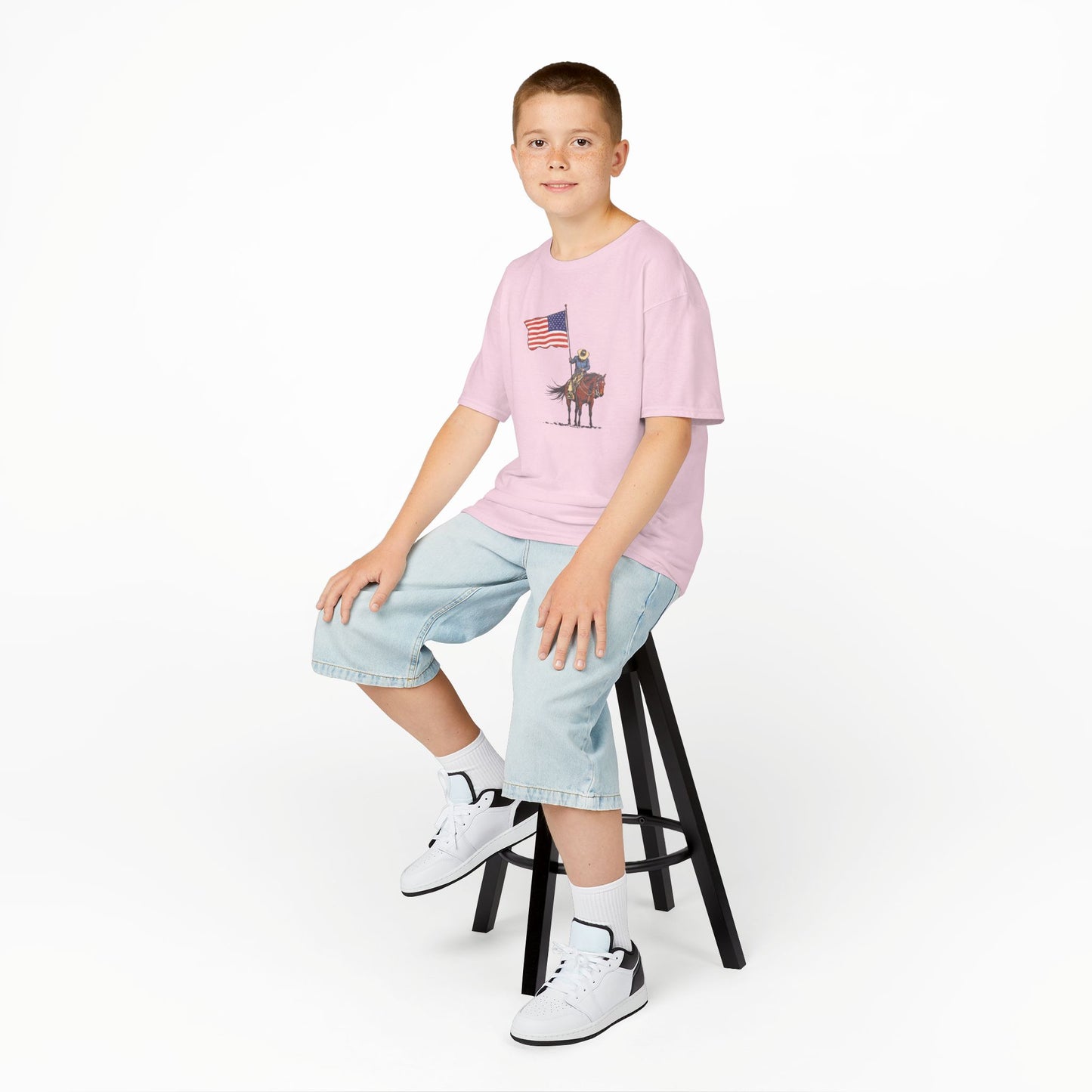 Kids Tee — Cowboy on Horse Holding American Flag (Patriotic Western Shirt)
