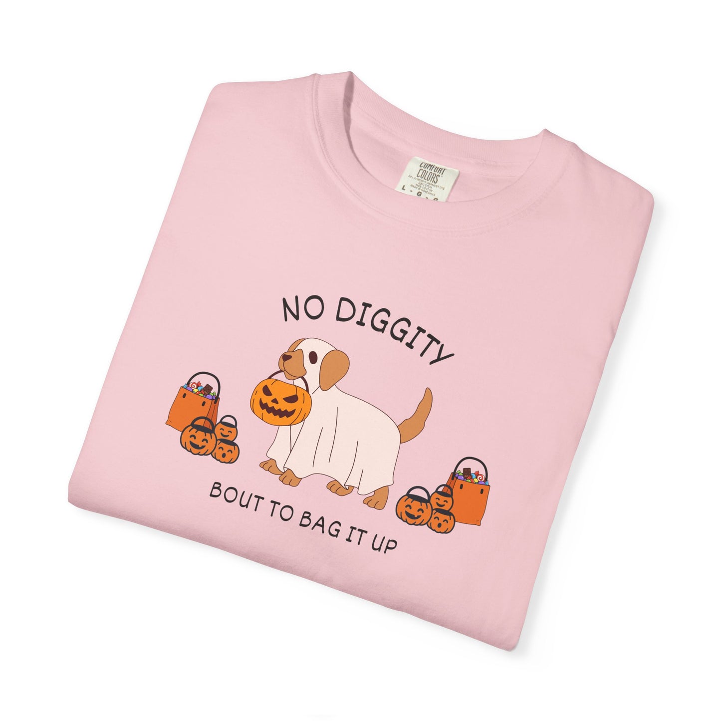 No Diggity Dog T-Shirt — Cute Puppy with Pumpkins "Bout to Bag It Up"