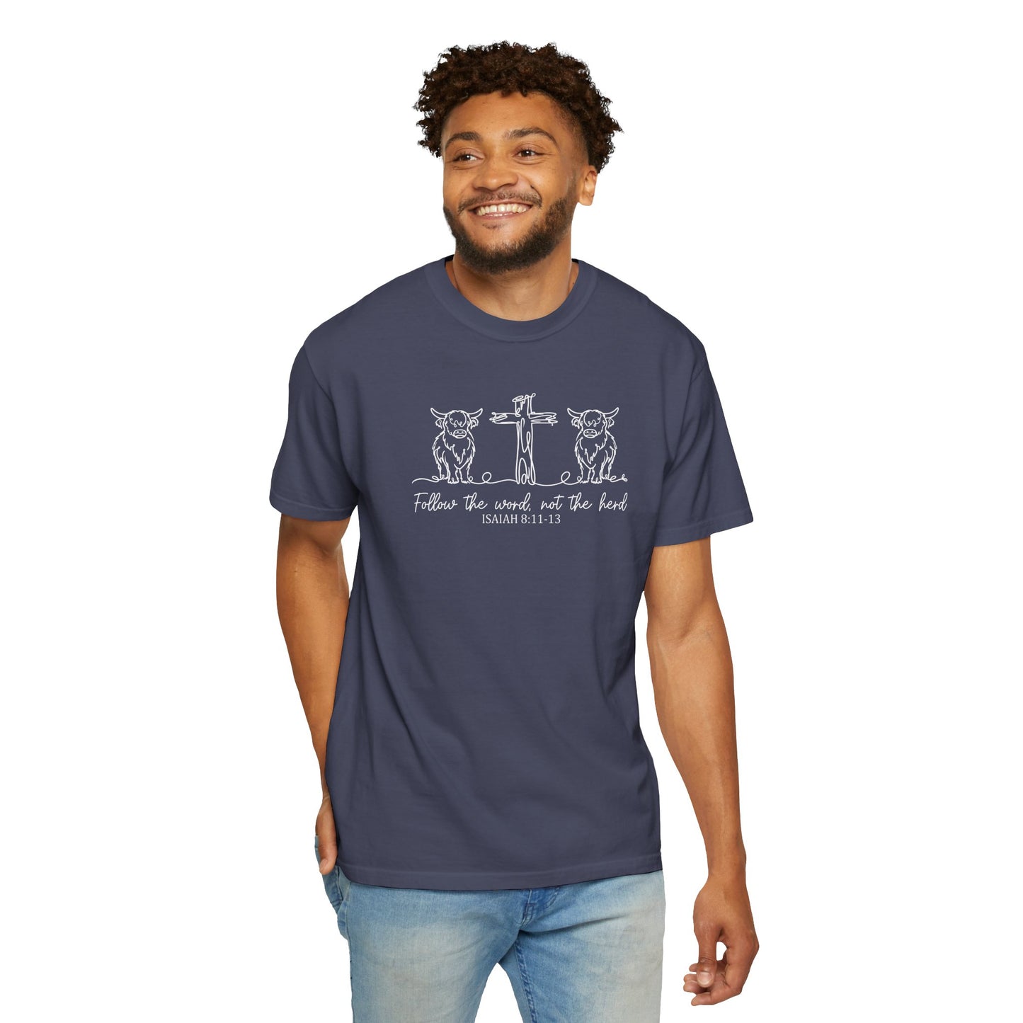 Christian Cross & Cow T-Shirt — "Follow the Word, Not the Herd" Graphic Tee