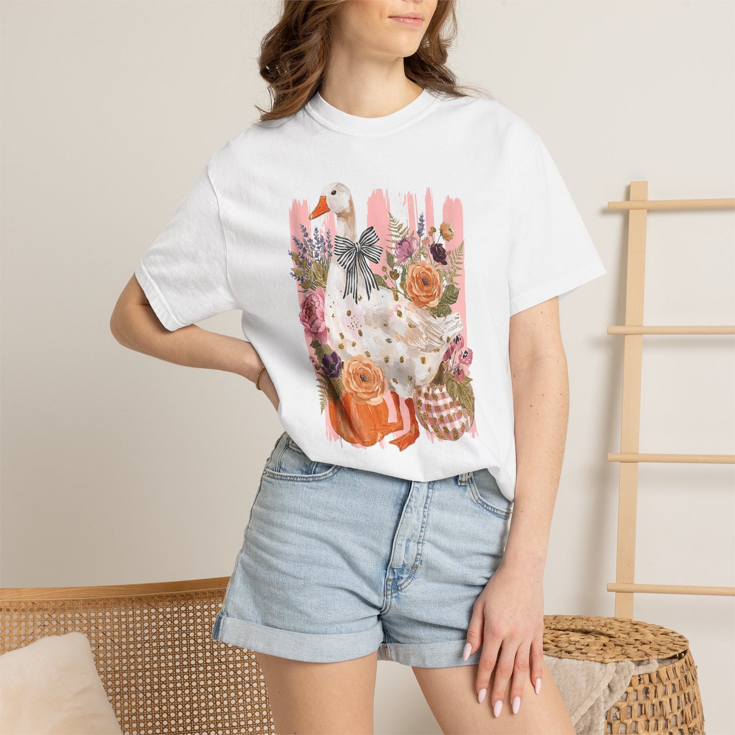 Autumn Farmyard Goose T-Shirt — Pumpkin & Floral Fall Tee