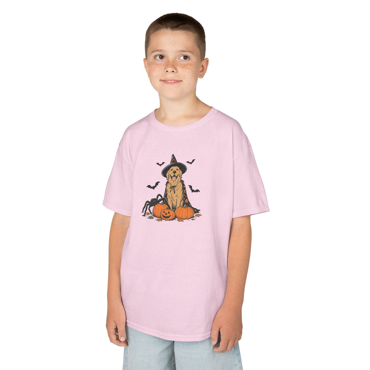Kids Halloween Witch Tee – Cute Witch Dog with Pumpkins Kids T-Shirt