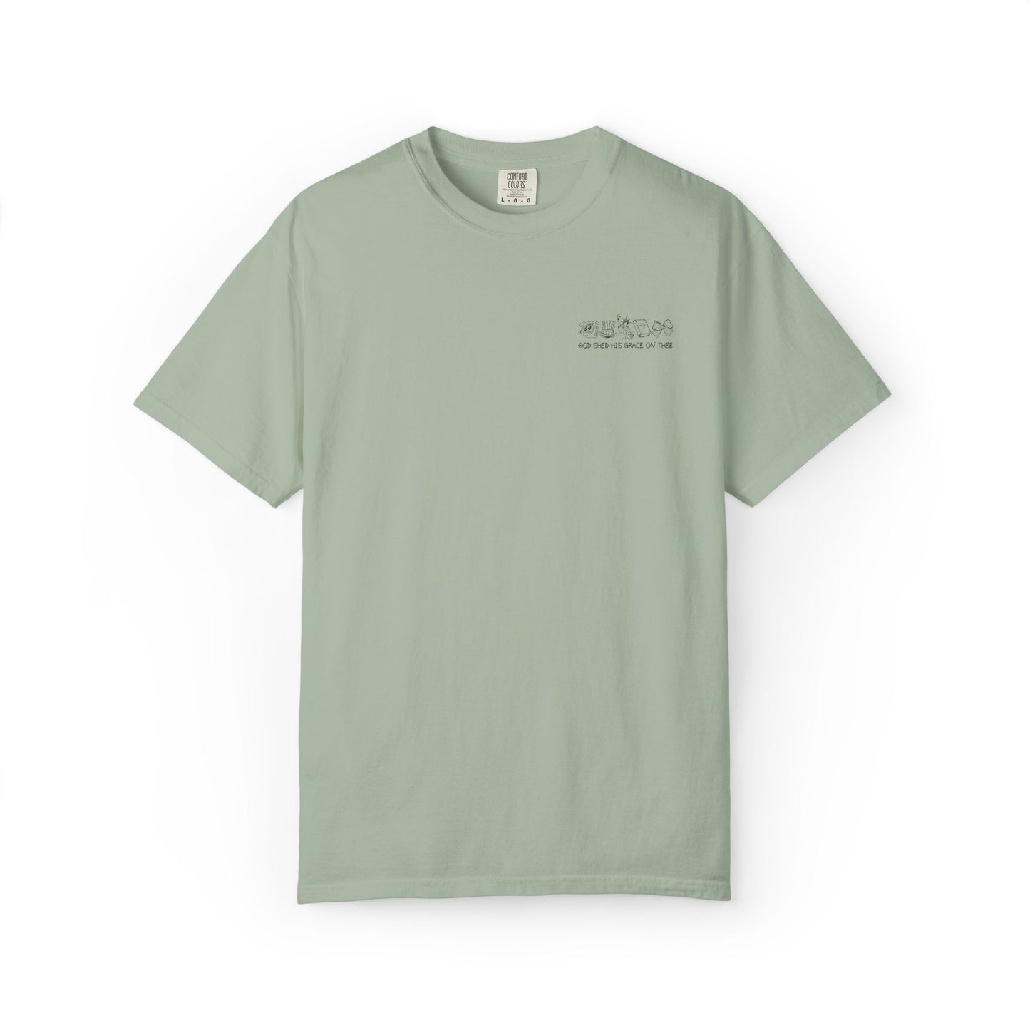 "God Shed His Grace on Thee" Chest Embroidered Script Minimalist T‑Shirt — Subtle Pocket Text Design