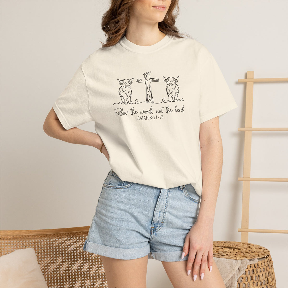 Christian Cross & Cow T-Shirt — "Follow the Word, Not the Herd" Graphic Tee