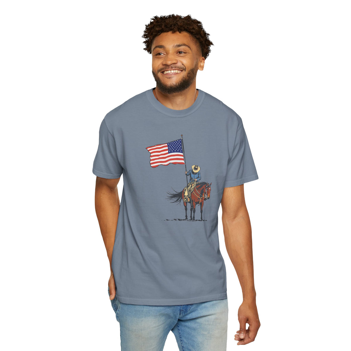 Patriotic Cowboy on Horse T-Shirt – American Flag Western Tee