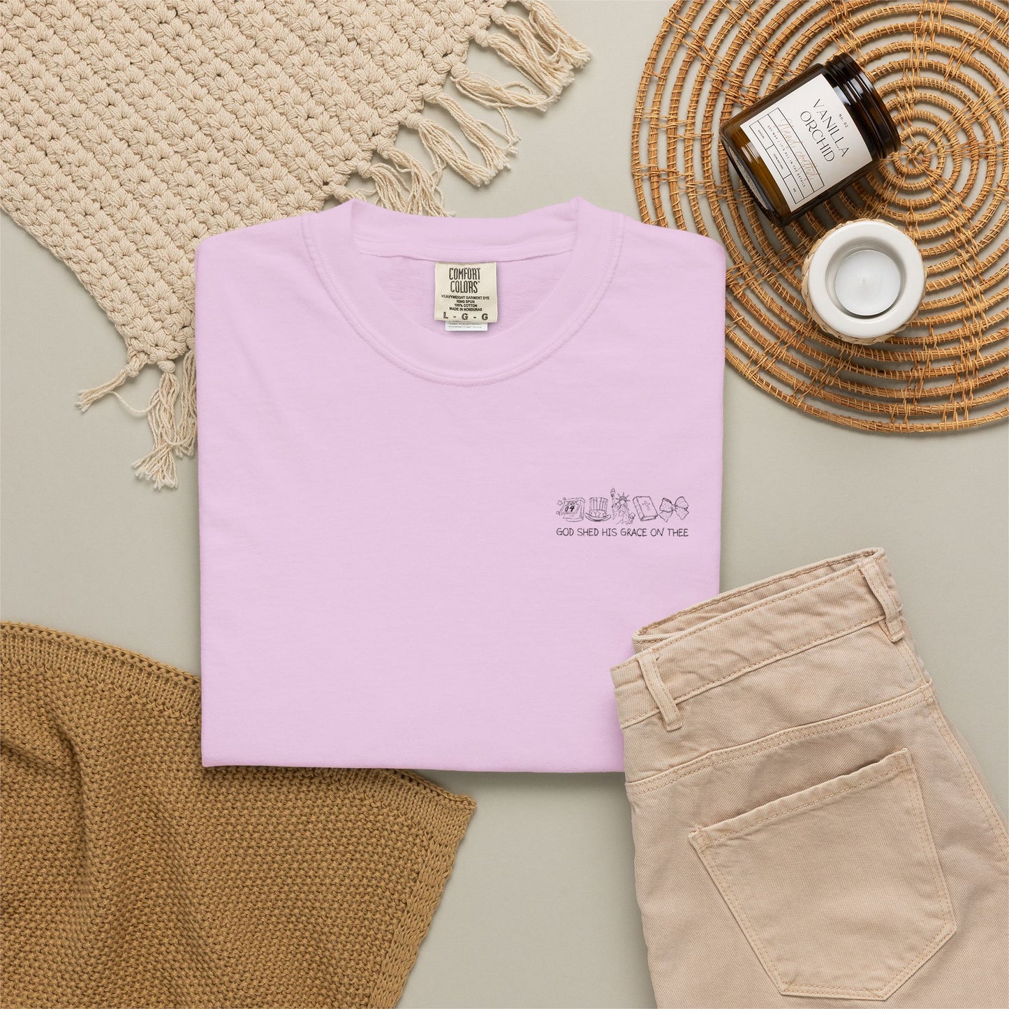 "God Shed His Grace on Thee" Chest Embroidered Script Minimalist T‑Shirt — Subtle Pocket Text Design
