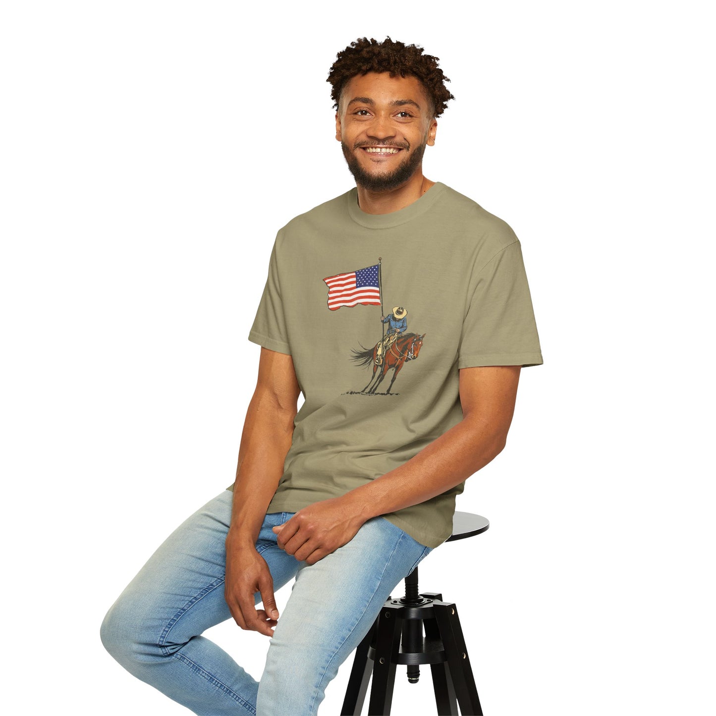 Patriotic Cowboy on Horse T-Shirt – American Flag Western Tee