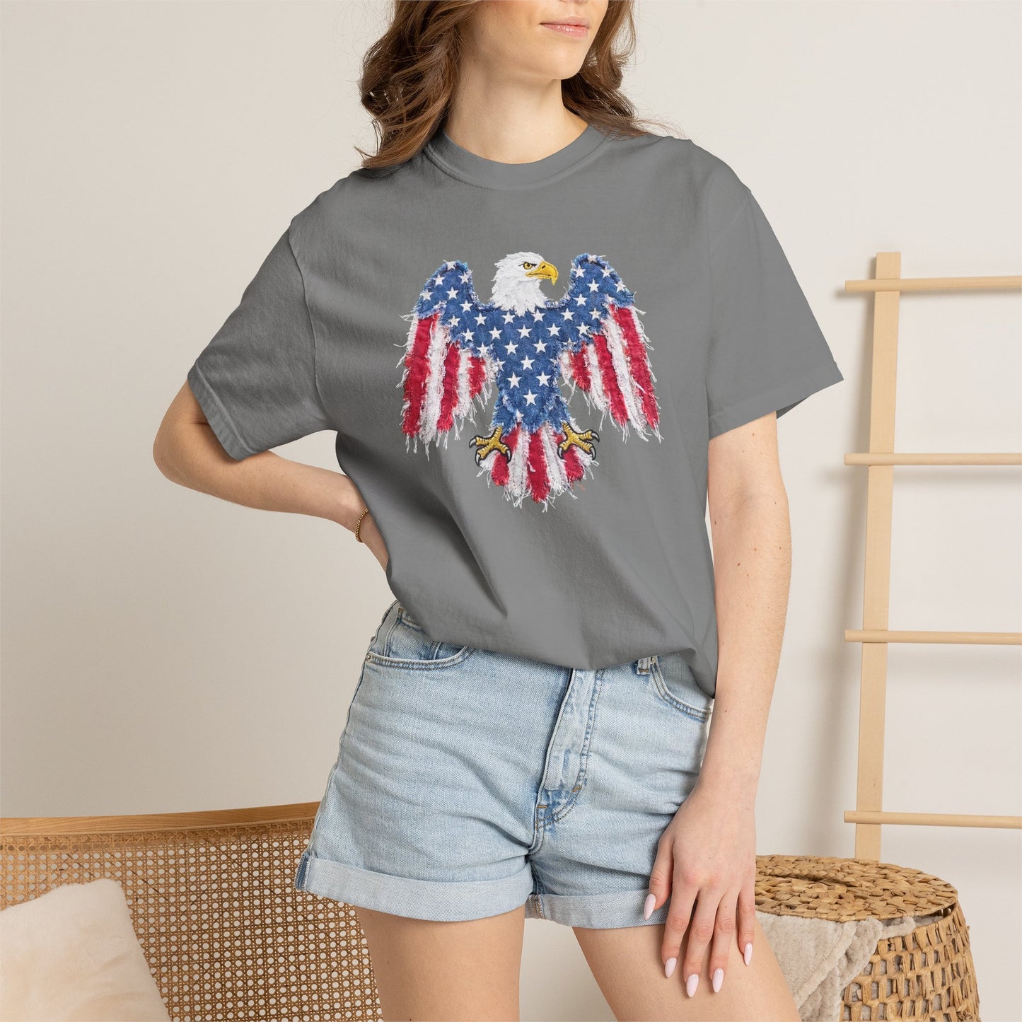 Patriotic Eagle Print T-Shirt — Distressed American Flag Graphic